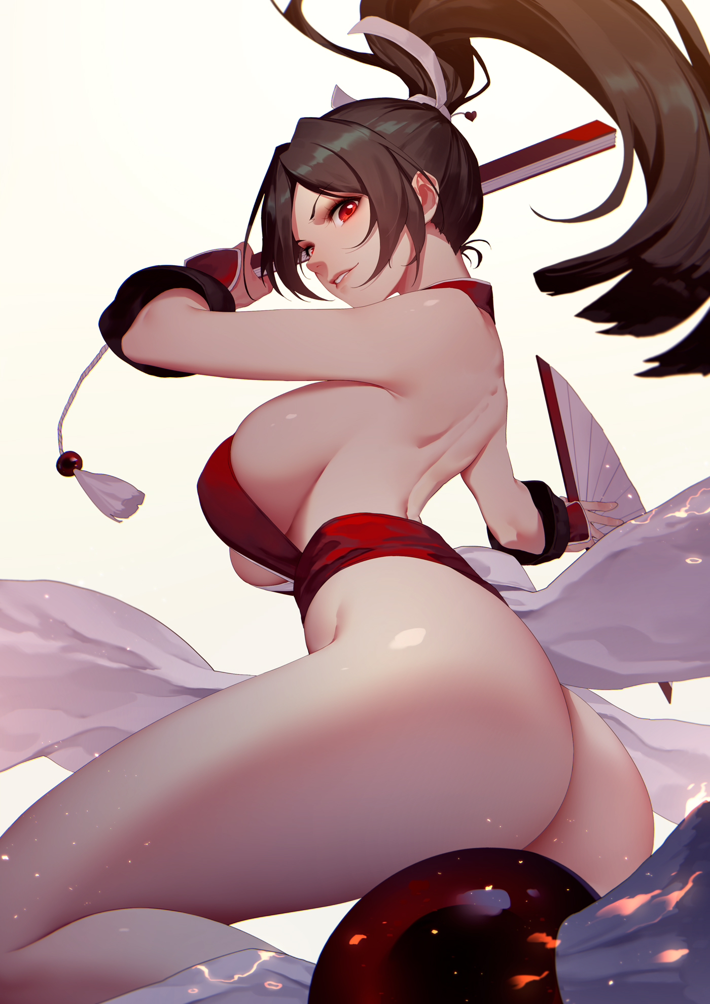1girls, ass, big breasts, breasts, brown hair, busty, curvaceous, curvy, daye bie qia lian, dual wielding, fan, fatal fury, female, female only, from below, hairband, hi res, highres, hips, holding fan, human, impossible clothes, king of fighters, large breasts, loincloth, loincloth lift, long hair, mai shiranui, pinup, ponytail, red clothes, red clothing, red eyes, shiny skin, simple background, smile, snk, solo, thick ass, thick thighs, thighs, voluptuous, white background