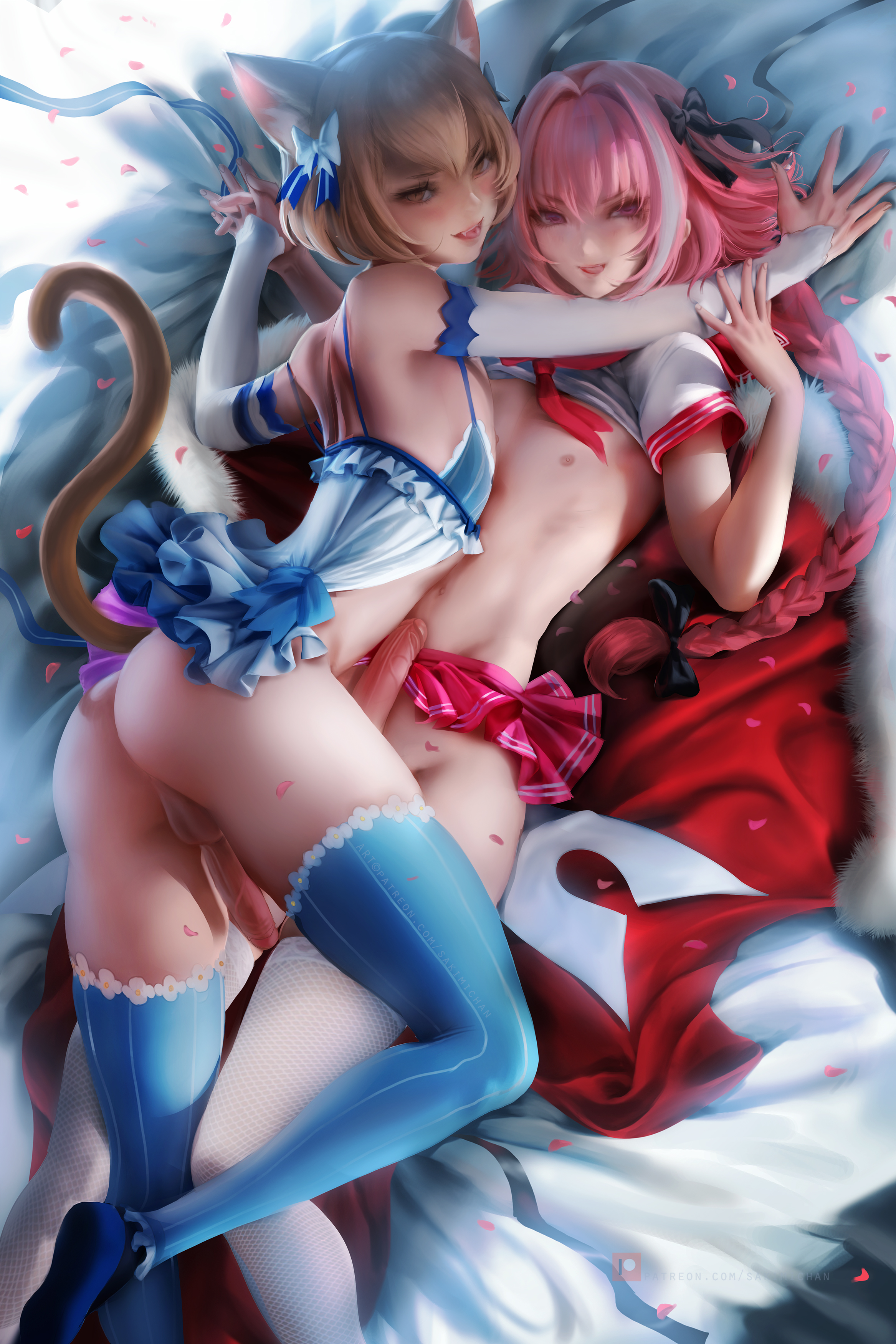 ass, astolfo (fate), brown eyes, crossover, detached sleeves, erection, fate (series), fate/grand order, felix argyle, fishnets, looking at viewer, lying, male, penis, pink eyes, pink hair, re:zero kara hajimeru isekai seikatsu, sakimichan, trap, yaoi
