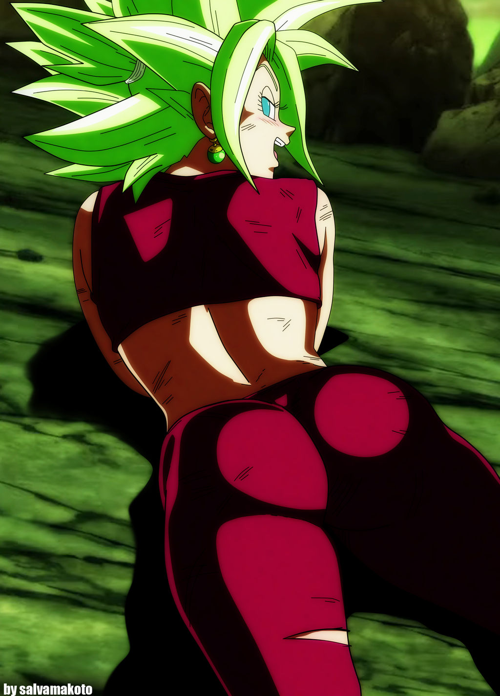 back view, big ass, caulifla, dragon ball, dragon ball super, fusion, green hair, kale, kefla, looking at viewer, lying on stomach, salvamakoto