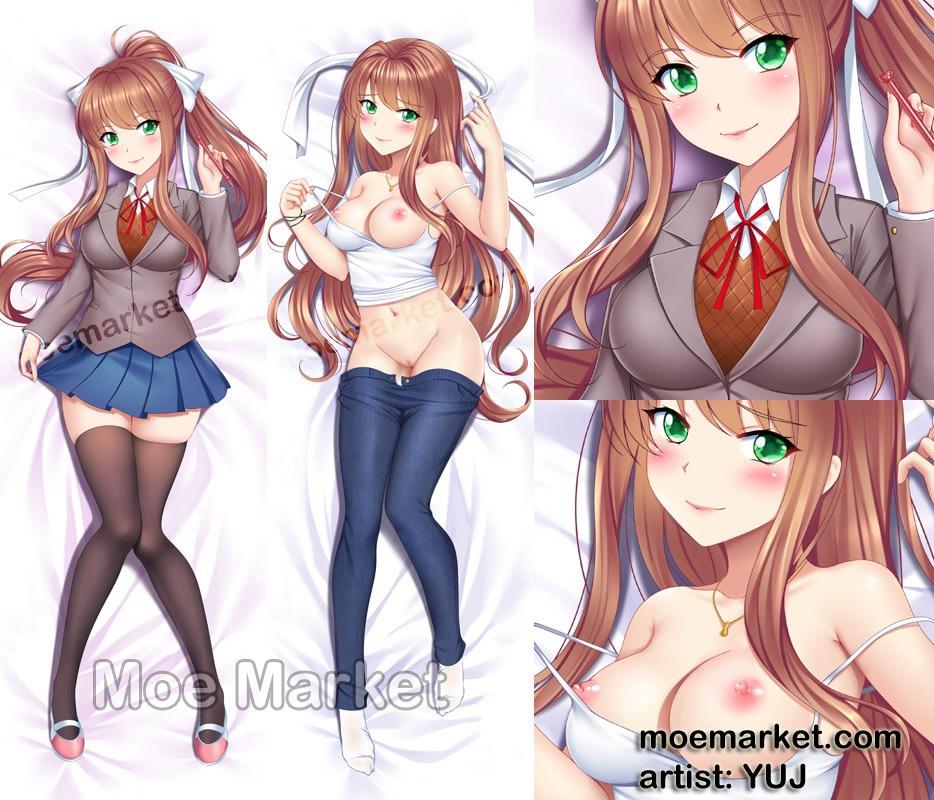 areolae blush breasts brown_hair dakimakura dakimakura_design doki_doki_literature_club female green_eyes hair moe_market moemarket monika_(doki_doki_literature_club) nipples pussy ribbon school_uniform skirt thighhighs undressing yuj_(artist) yuj_(moemarket)