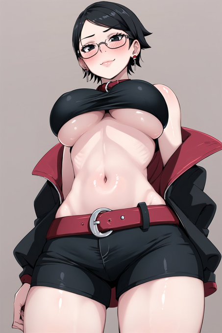 2d, 2d (artwork), ai generated, anime, big breasts, black hair, black hair female, boruto: naruto next generations, breasts, clothed, clothed female, female, female focus, female ninja, female only, glasses, glasses on face, kunoichi, large breasts, light skin, light-skinned female, looking down, manga, midriff, naruto, naruto (series), ninja, ninja girl, sarada uchiha, shinobi, uchiha sarada