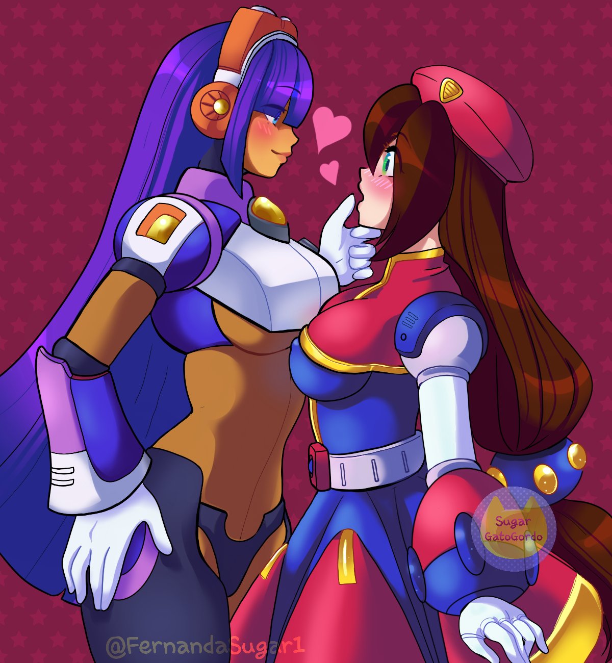 2girls, breasts, brown hair, clothed, dark skin, dark-skinned female, eye contact, female, female only, fernandasugar1, half-closed eyes, heart, iris (mega man), large breasts, larger female, layer, long hair, mega man, mega man x, nipples visible through clothing, purple hair, reploid, robot, robot girl, size difference, smaller female, text, thick thighs, underboob, watermark, wide hips, yuri