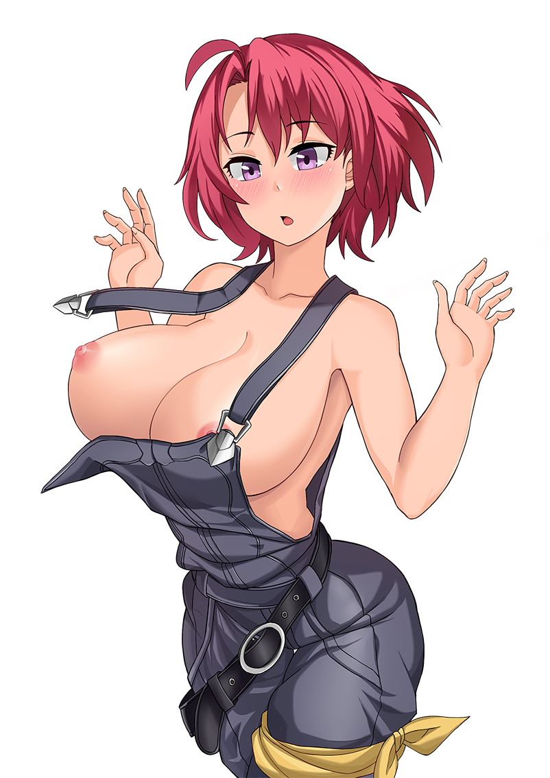 1girls ahoge aori_sora arched_back ass bangs bare_shoulders belt blush breast_slip breasts bursting_breasts cow_girl_(goblin_slayer) embarrassed farmer farmgirl female female_only goblin_slayer half-closed_eyes hands_up large_breasts naked_overalls narrow_waist nipple_slip open_mouth overalls purple_eyes red_hair short_hair simple_background single_strap solo surprised wardrobe_malfunction white_background wide_hips