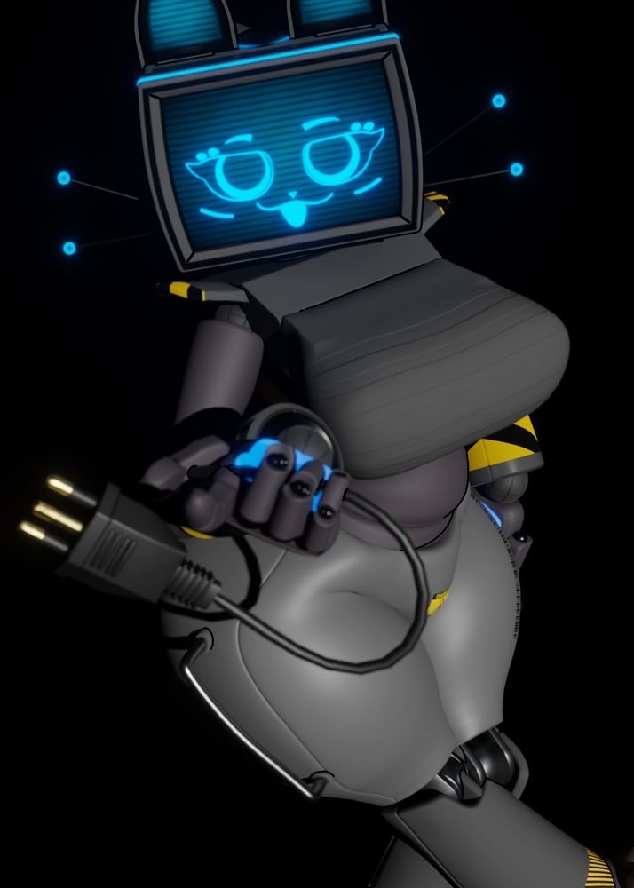 3d, anthro, belly, blue eyes, breasts, cat ears, cat tail, cat whiskers, female, handlebars, handles on hips, jxwankel, kerfuś, kurfur, palmtreerothic, power cable, robot girl, thighs, tv head