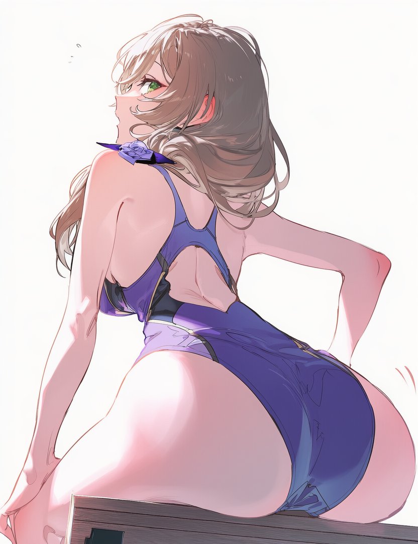 1girls, 2d, 2d (artwork), ai, ai generated, alternate costume, ass, back, back view, brown hair, female, female focus, female only, genshin impact, green eyes, light skin, light-skinned female, lisa (genshin impact), long hair, looking at viewer, looking back, looking back at viewer, mature, mature female, one piece swimsuit, sexy, simple background, sitting, slim girl, solo, solo female, solo focus, swimsuit, timmytommy, white background