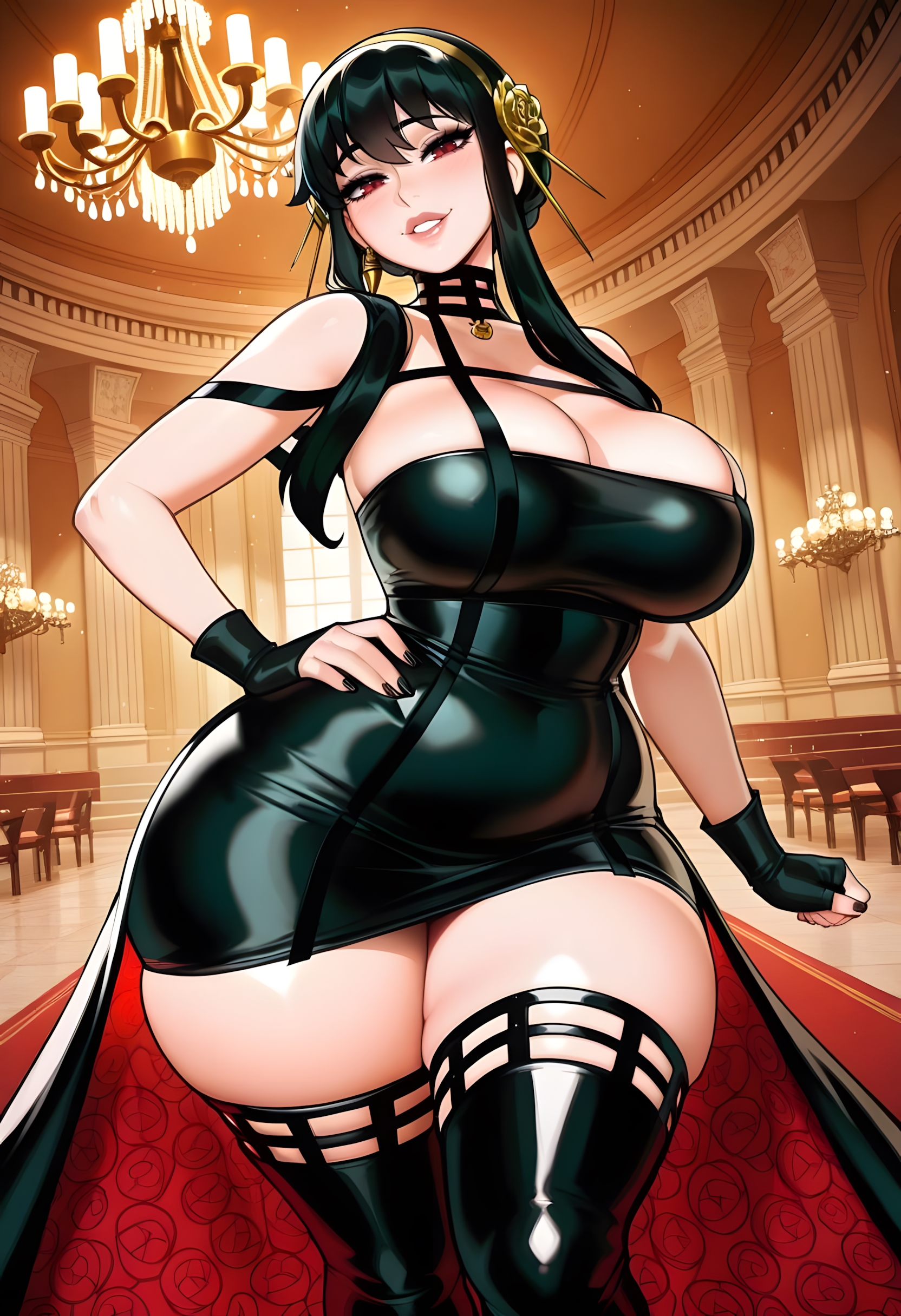 1girl, 1girls, ai generated, ai-created, black dress, black hair, busty, curvaceous, curvaceous female, curvaceous figure, curvy, curvy body, curvy female, curvy figure, dreamcoreart, female only, hi res, highres, huge ass, huge breasts, indoors, large breasts, light skin, light-skinned female, long hair, red eyes, slender waist, solo, solo female, spy x family, stable diffusion, teasing, teasing viewer, venus body, voluptuous, voluptuous female, yor briar, yor forger