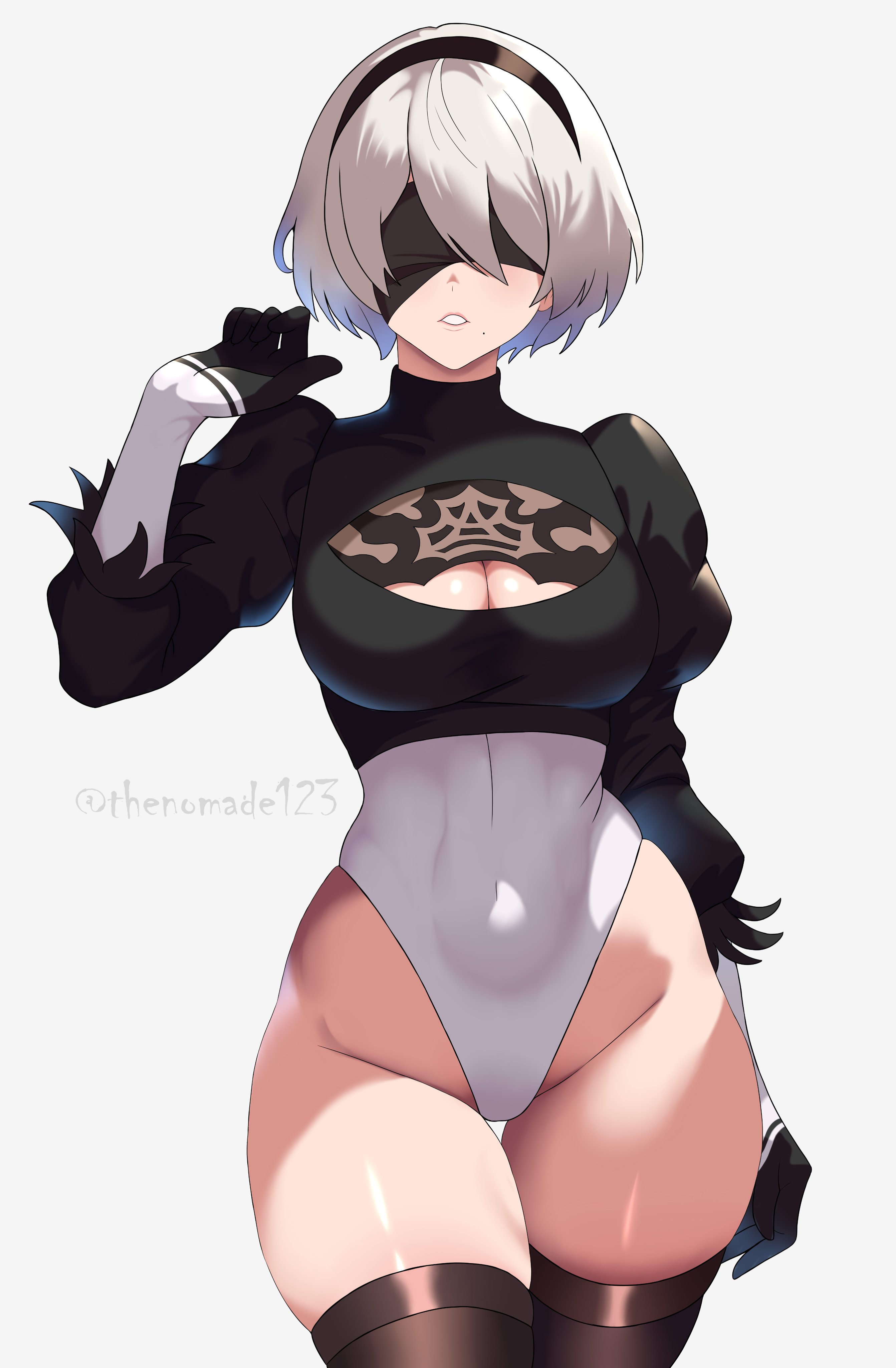 1girls, black blindfold, black gloves, black hairband, blindfold, boots, breasts, cleavage, cleavage cutout, covered eyes, feather trim, feather-trimmed sleeves, female, female only, gloves, hairband, hand up, highleg, highleg leotard, juliet sleeves, leotard, long sleeves, medium breasts, mole, mole under mouth, nier: automata, puffy sleeves, short hair, silver hair, solo, tagme, thenomade123, thick thighs, thigh boots, thighhighs, thighs, vambraces, white leotard, yorha 2b