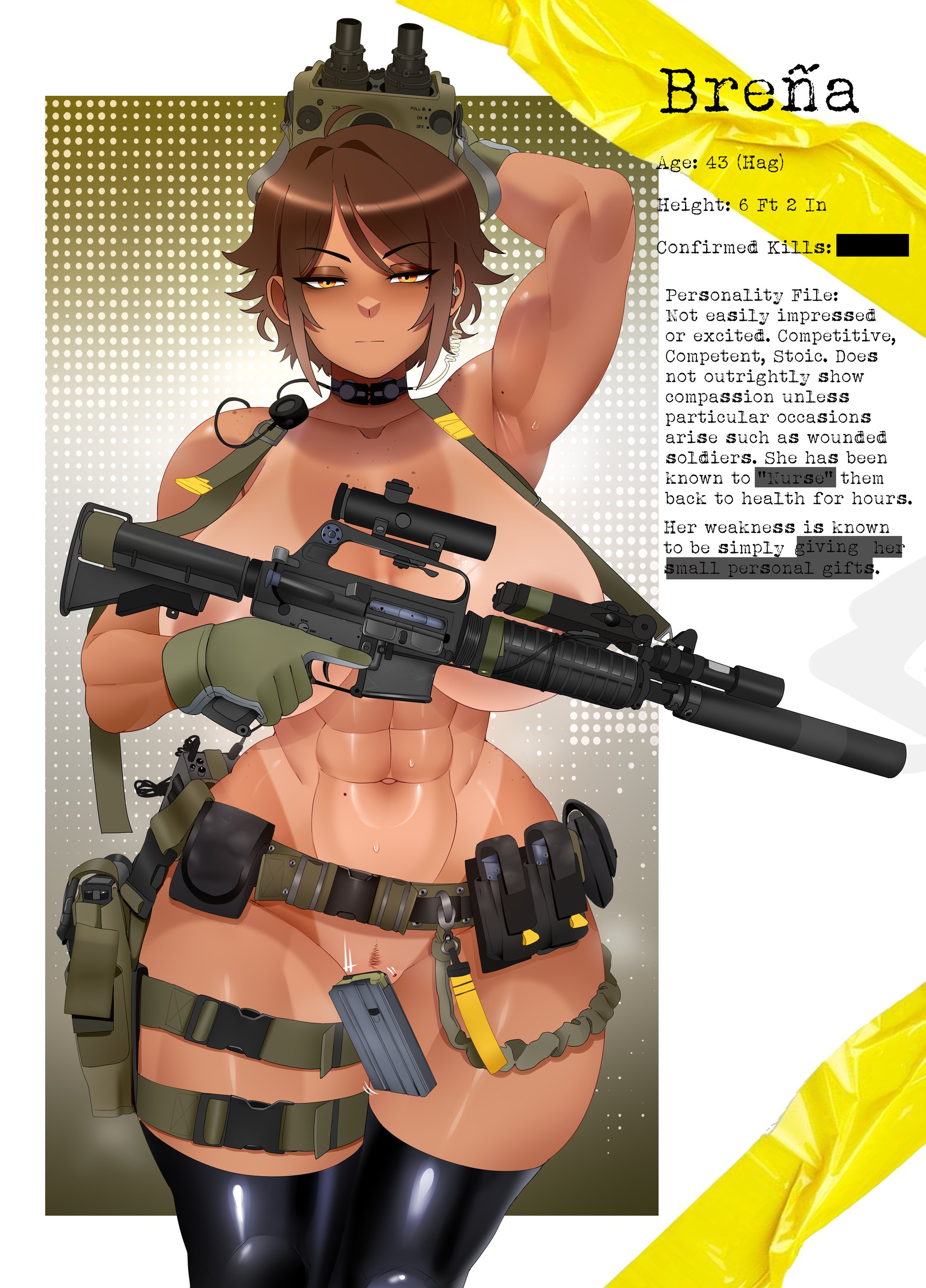 1girls, 2d, 2d (artwork), 2d artwork, abs, brena (nonamoth), brown hair, brown hair female, censored, censored text, character bio, color, colored, convenient censoring, dark skin, dark-skinned female, english text, female, female focus, female only, female pubic hair, gun, hag, m4 carbine, magazine (gun), nonamoth, original, original character, pubic hair, pussy, shaded, short hair, short hair female, solo, solo female, solo focus, tactical gear, tactical nudity, tall female, text, tomboy