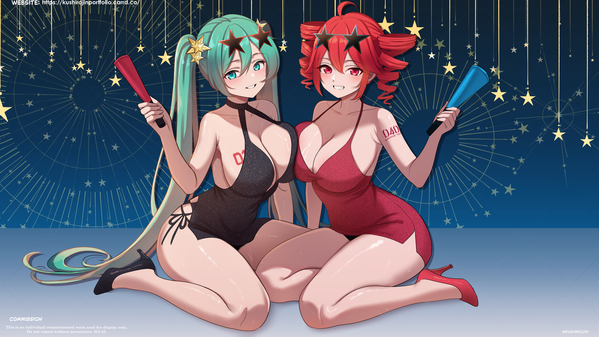 2d, 2d (artwork), 2girls, ahoge, alternate breast size, aqua eyes, aqua hair, arched back, areola slip, areolae, arm tattoo, artist logo, artist name, asymmetrical docking, bare shoulders, barefoot, belt, big breasts, big thighs, blue eyes, blue hair, blush, blushing female, breast press, breasts, breasts squeezed together, breasts to breasts, cleavage, crossover, curvaceous, curvy, curvy female, curvy figure, dress, drill hair, eyelashes, eyewear on head, fat breasts, fat thighs, feet, female, female only, full body, glasses on head, glistening, glistening body, green hair, grin, hair ornament, hands on breasts, hands on own chest, hatsune miku, heels, high heels, hips, hips wider than shoulders, holding, hourglass figure, huge breasts, huge hips, huge thighs, kasane teto, kushiro jin, large breasts, large thighs, long eyelashes, long hair, looking at viewer, lying, lying on back, multiple girls, no bra, panties, plump, plump breasts, red dress, red eyes, red footwear, red hair, revealing clothes, revealing dress, shiny skin, sitting, skindentation, slim waist, smile, star (symbol), sunglasses, tattoo, tattoo on breast, thick thighs, thighhighs, thighs, toes, twin drills, twintails, underwear, utau, very long hair, vocaloid, voluptuous, voluptuous female, wide hips