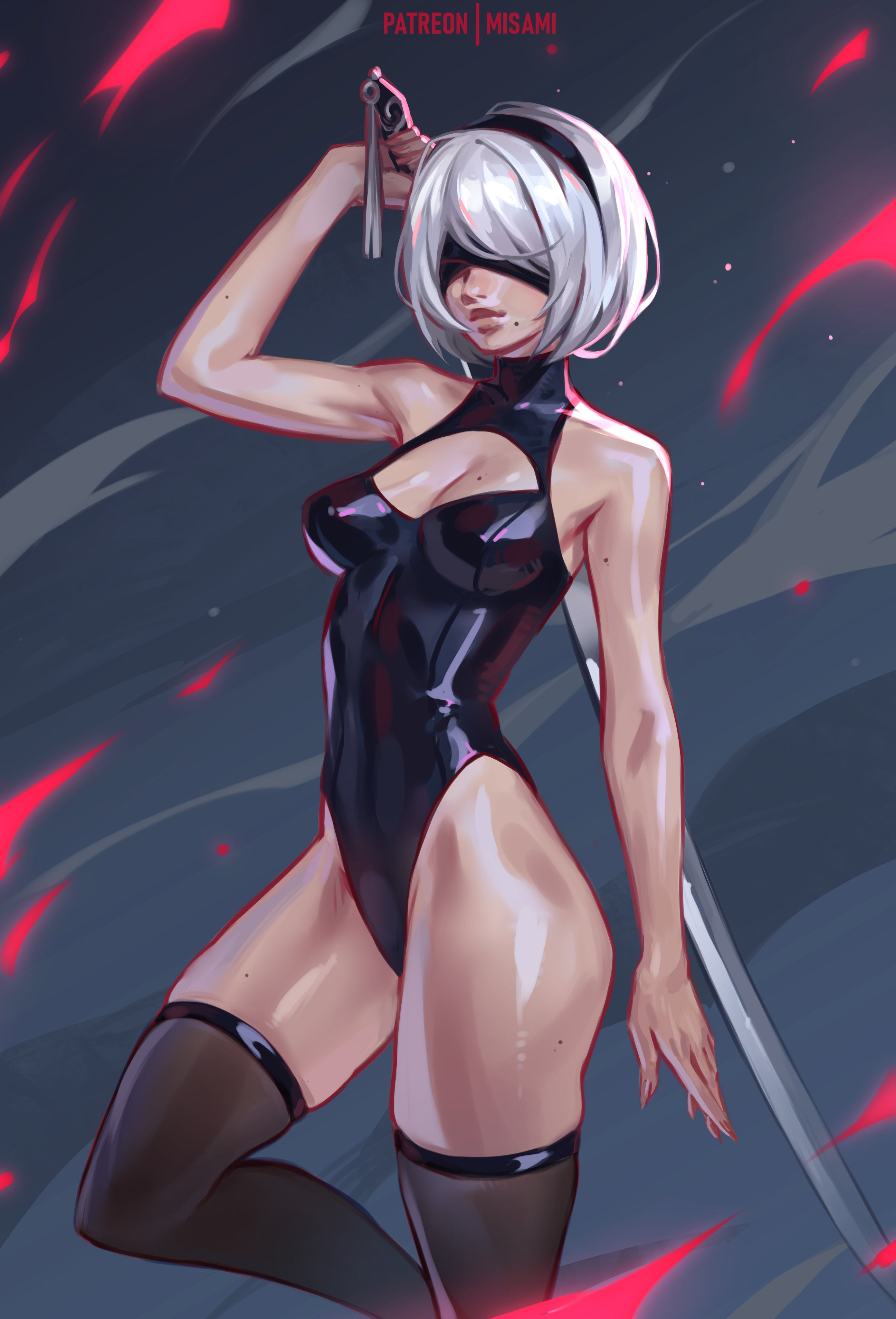 1girls, breasts, breasts out, curvy, female, female only, latex, latex clothing, latex suit, medium breasts, misami, nier: automata, perky breasts, perky nipples, pinup, pussy, shiny clothes, stockings, stockings only, swimsuit, thicc, thick ass, thick thighs, thighhighs, thighs, thunder, thunder thighs, yorha 2b