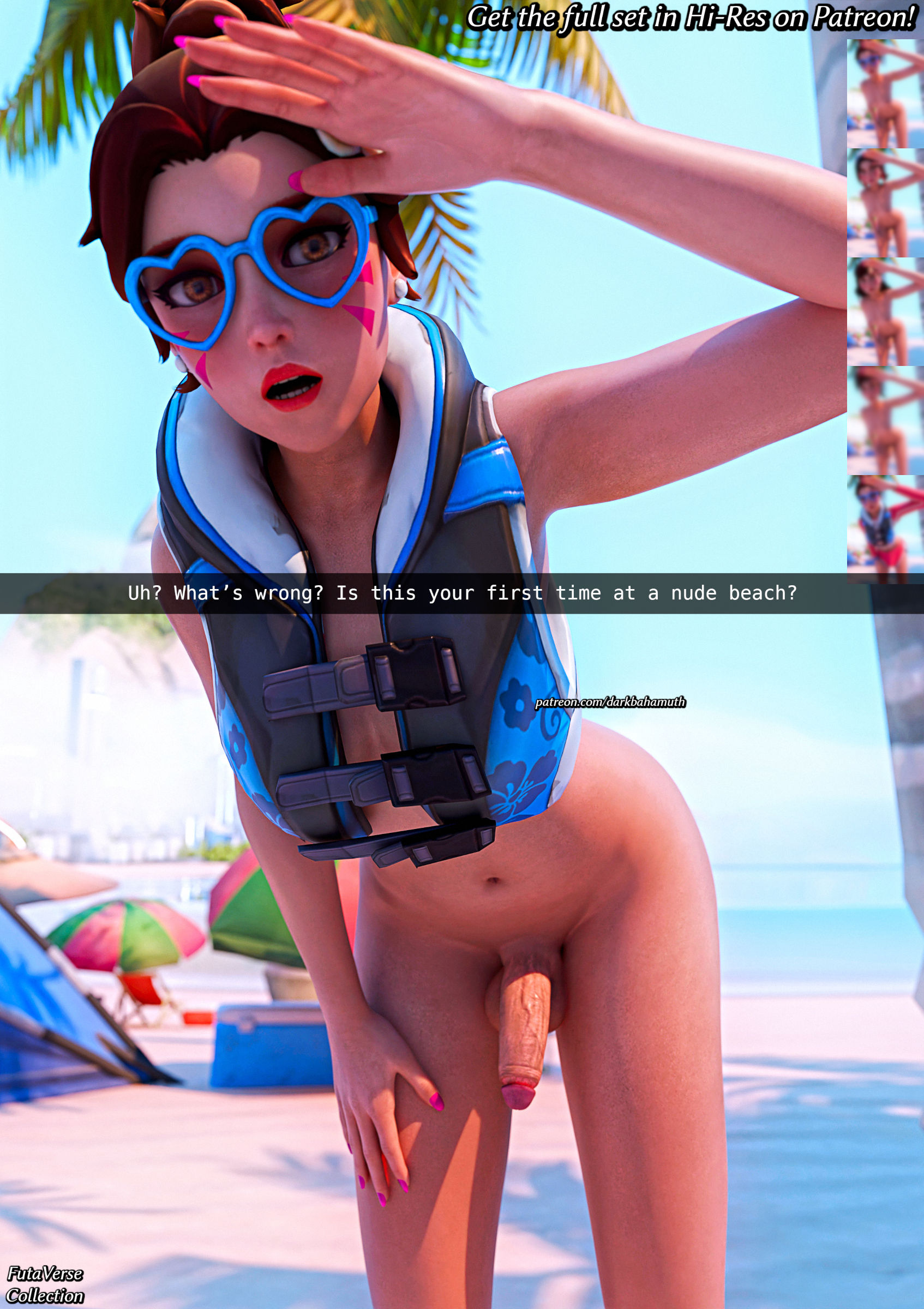 1futa, 3d, 3d (artwork), beach, d.va, darkbahamuth, dialogue, dickgirl, english text, futa only, futanari, girl cock, girlcock, half-erect, nude beach, outside, overwatch, penis out, retracted foreskin, text, trans woman, waveracer d.va