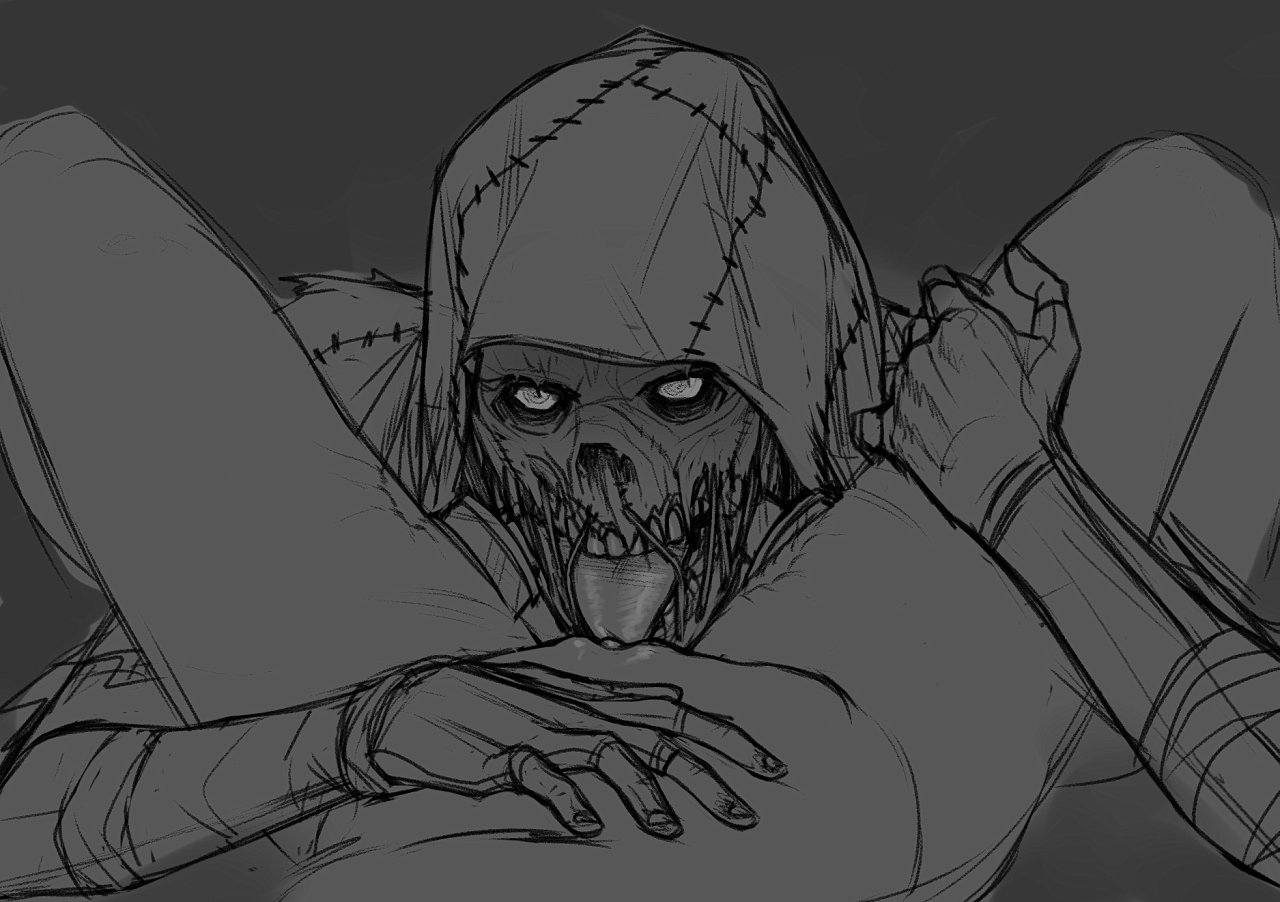 1boy, 1girls, batman (series), batman: arkham knight, cunnilingus, dc, dc comics, female, female pov, greyscale, hi res, jonathan crane, male, male focus, monochrome, monster, piratecashoo, pov, pussy, scarecrow, scarecrow (dc), source request, straight