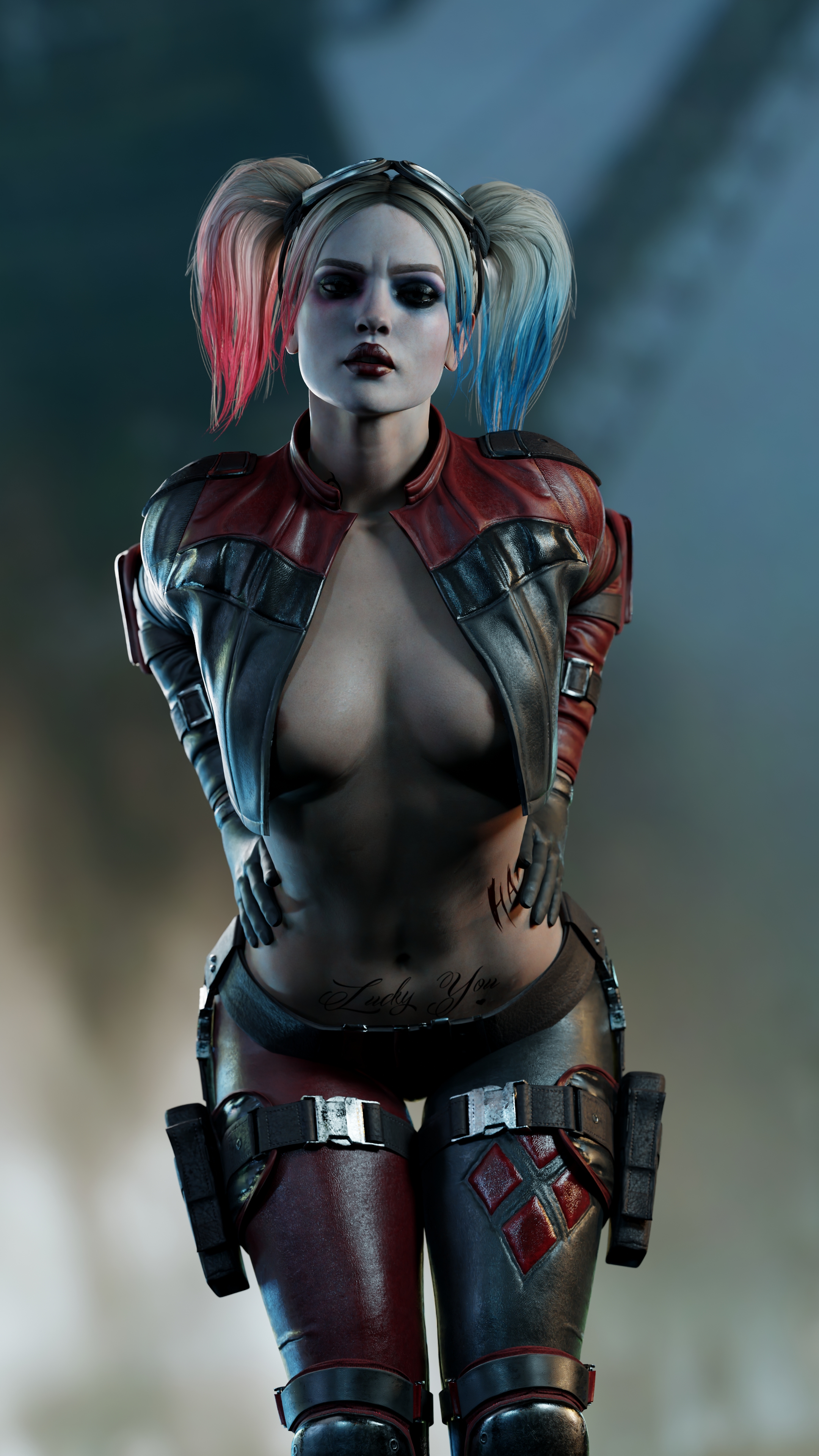 1girls, 3d, batman (series), black gloves, dc, dc comics, female, gloves, harley quinn, harley quinn (injustice), injustice 2, leather gloves, lewdballfx, solo, solo female, tattoo, teasing, teasing breasts, teasing viewer