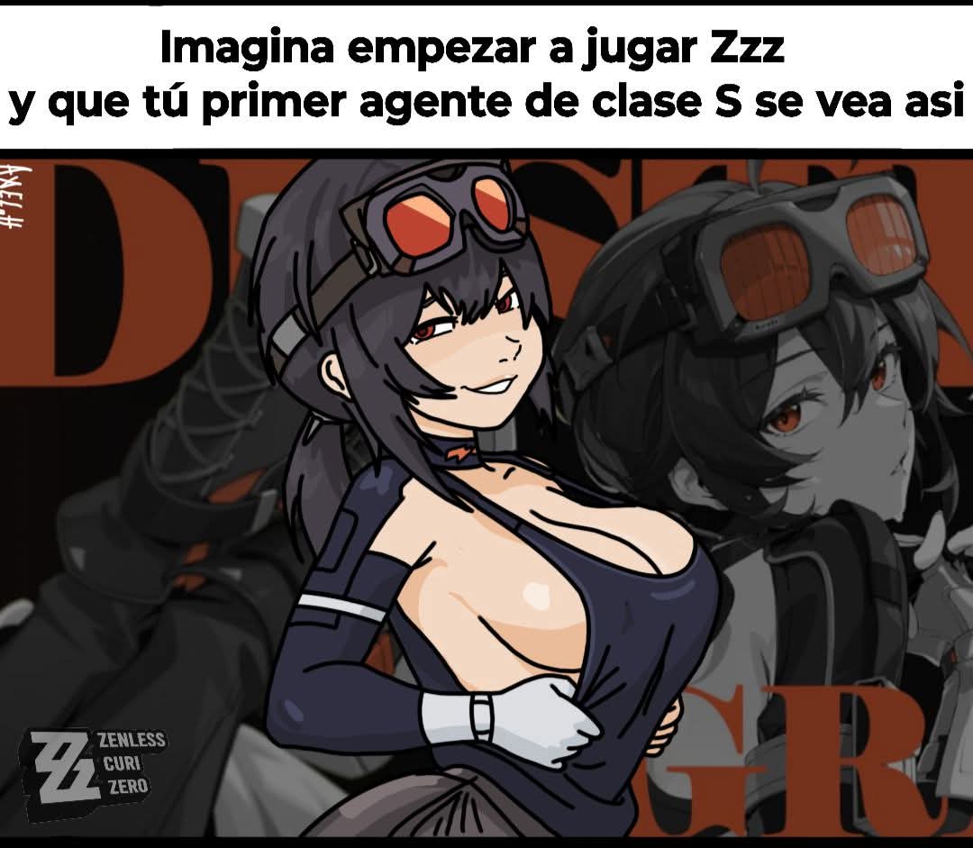 artist request, big breasts, brown hair, curi, curimomo, curiporno, gloves, goggles, goggles on head, grace howard, grin, imagina que y ella se ve asi (meme), light-skinned female, looking at viewer, meme, orange eyes, ponytail, sideboob, smiling, spanish text, suggestive, tank top, watermark, zenless zone zero