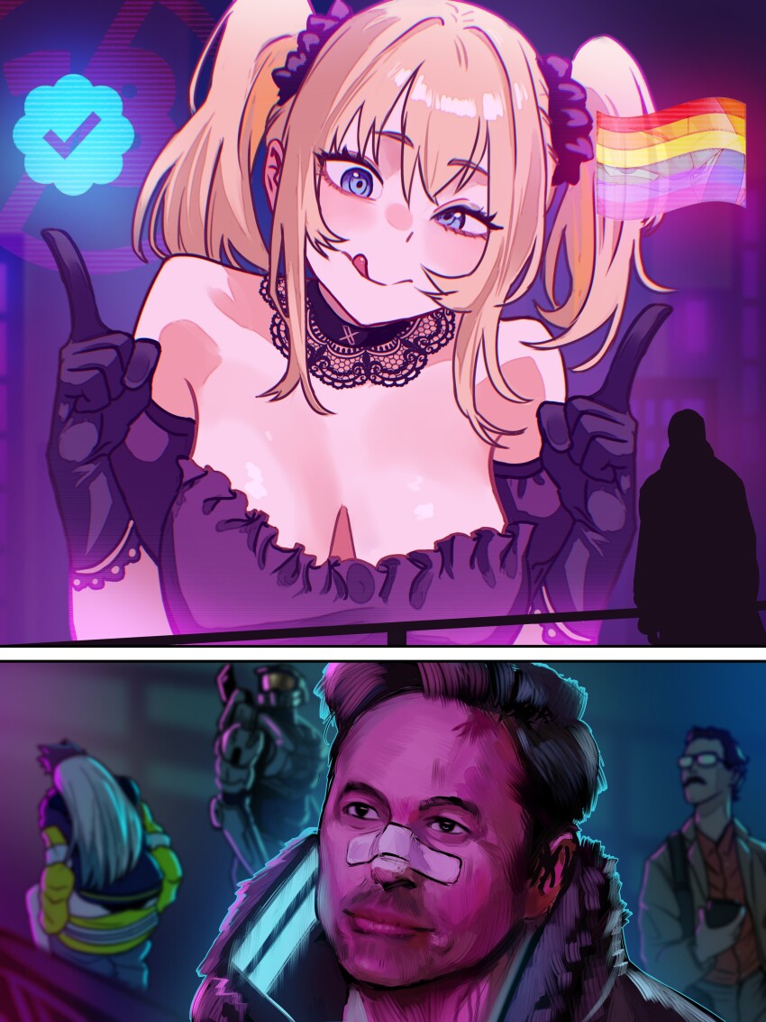 1girl, 1girls, ani (twitter), blonde hair, blue eyes, breasts, cameo, choker, cleavage, corset, cyberpunk: edgerunners, david martinez (edgerunners), elon musk, grok (xai), halo (series), joke, master chief, meme, meme reference, spartan (halo), vlizz