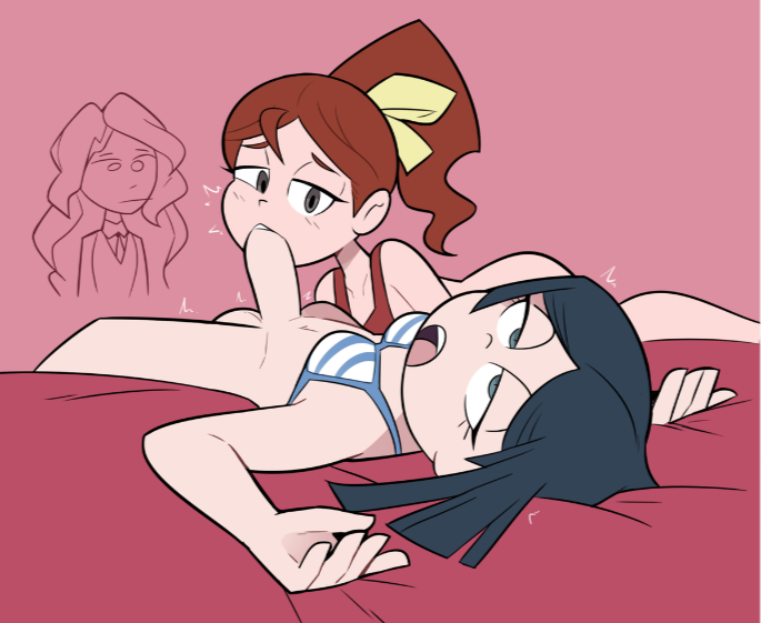 1futa 3girls barbara_parker bed blowjob brown_hair cheek_bulge diana_cavendish dickgirl duo fellatio female female/futanari futa/female futa_on_female futanari futanari/female half-closed_eyes hannah_england intersex little_witch_academia looking_pleasured miscon no_panties on_bed pleasure_face tagme watching