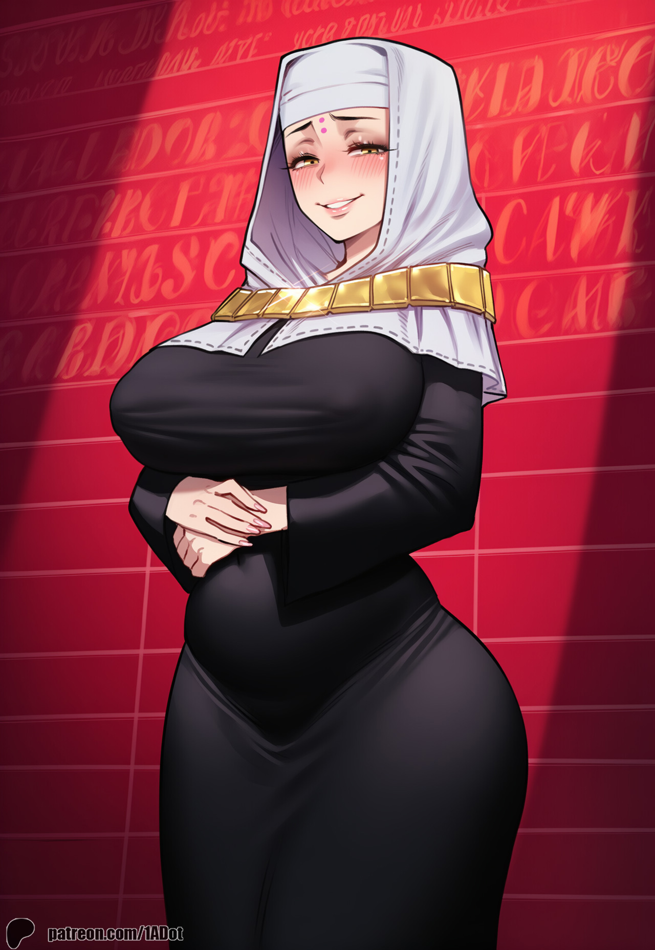 1-a dot, 1girls, ai generated, ass, black dress, breasts, fate (series), fate/extra ccc, fate/grand order, female, female only, forehead mark, huge breasts, light-skinned female, looking at viewer, naughty face, necklace, nun headdress, nun outfit, sesshouin kiara, smile, solo, standing, yellow eyes