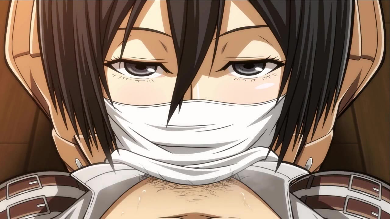 1boy, 1girls, asian, attack on titan, black eyes, black hair, close-up, clothed, deepthroat, deepthroat holder, deepthroat no hands, eye contact, fellatio, fellatio under mask, female, fringe, grey eyes, half-closed eyes, jean kirstein, kneeling, light skin, light-skinned female, lost rarities, male, male pov, mask, medium hair, mikasa ackerman, oral, pale skin, pale-skinned female, petite, pov, pubic hair, seductive eyes, seductive mouth, shingeki no kyojin, submissive female, takapiko