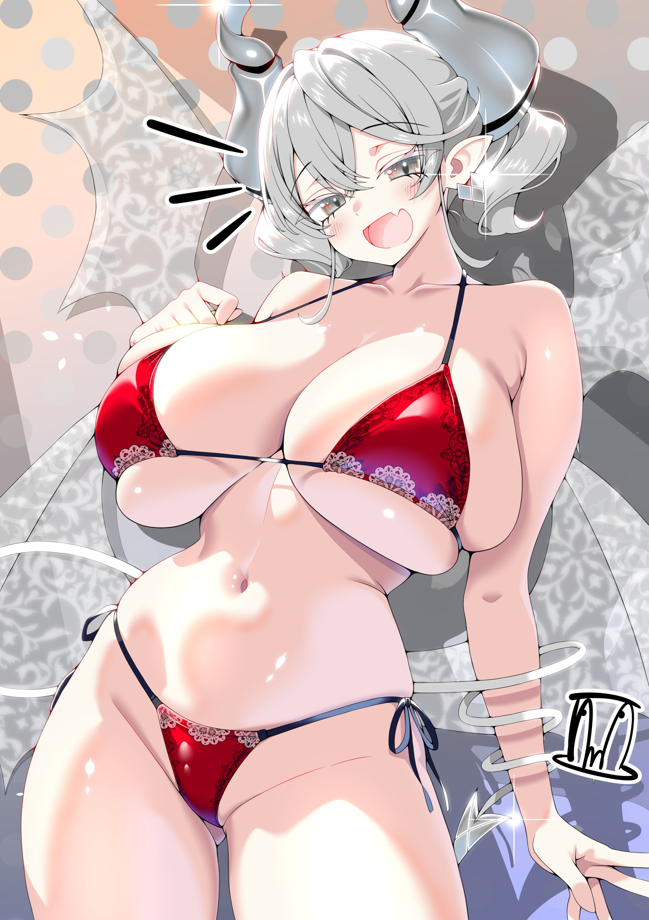 1girls, bikini, bra, breasts, coiled tail, demon, demon girl, demon horns, drill hair, duel monster, earrings, fangs, female, female only, fringe, grey eyes, hand on breast, hi res, hips, horns, huge breasts, konami, labrynth of the silver castle, large breasts, light skin, lingerie, lovely labrynth of the silver castle, low-angle view, mature female, navel, open mouth, pointy ears, pose, princess, queen, red bikini, red underwear, seductive smile, silver eyes, silver hair, smile, solo, standing, tama amata, thick breasts, thighs, twin drills, twintails, underwear, voluptuous, white hair, wide hips, wings, woman, younger female, yu-gi-oh!