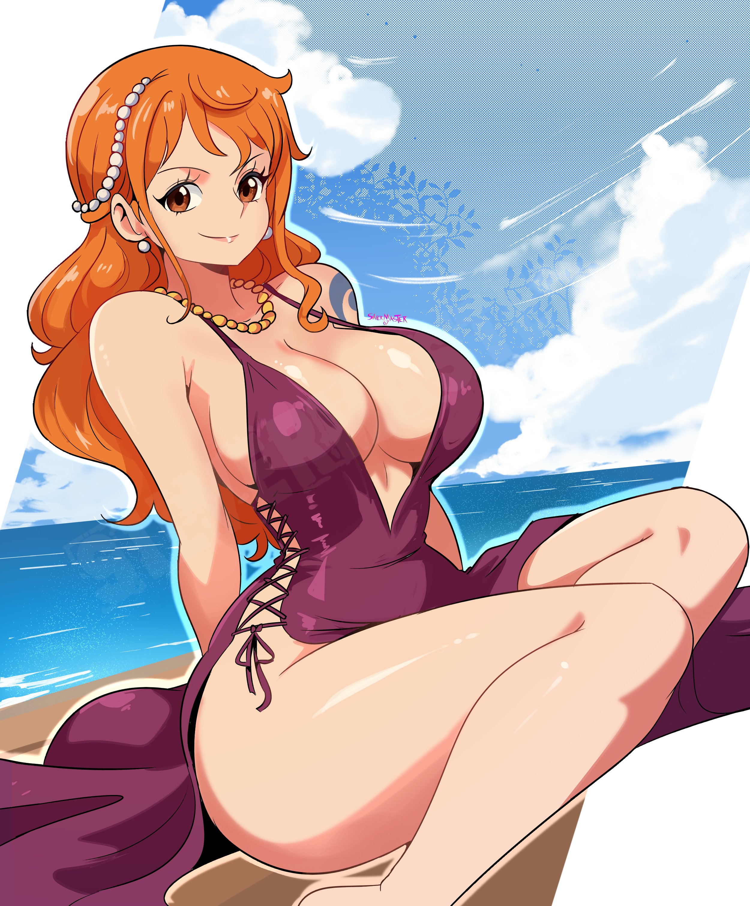 1girls, arm tattoo, bare shoulders, barefoot, beach, big breasts, blue sky, blue tattoo, breasts, brown eyes, cleavage, cloud, day, dress, earrings, female, female only, jewelry, large breasts, long hair, looking at viewer, nami (one piece), necklace, ocean, one piece, orange eyes, orange hair, orange-haired female, shiny skin, silvermaster67, sitting, sky, smile, solo, tattoo, water