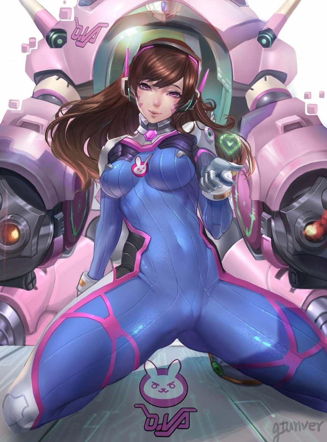 <3, 2016, blizzard entertainment, bodysuit, breasts, brown hair, d.va, face markings, female, gloves, gtunver, headset, long hair, looking at viewer, medium breasts, meka, overwatch, pink eyes, pointing at viewer, thunder thighs, tokki (overwatch)