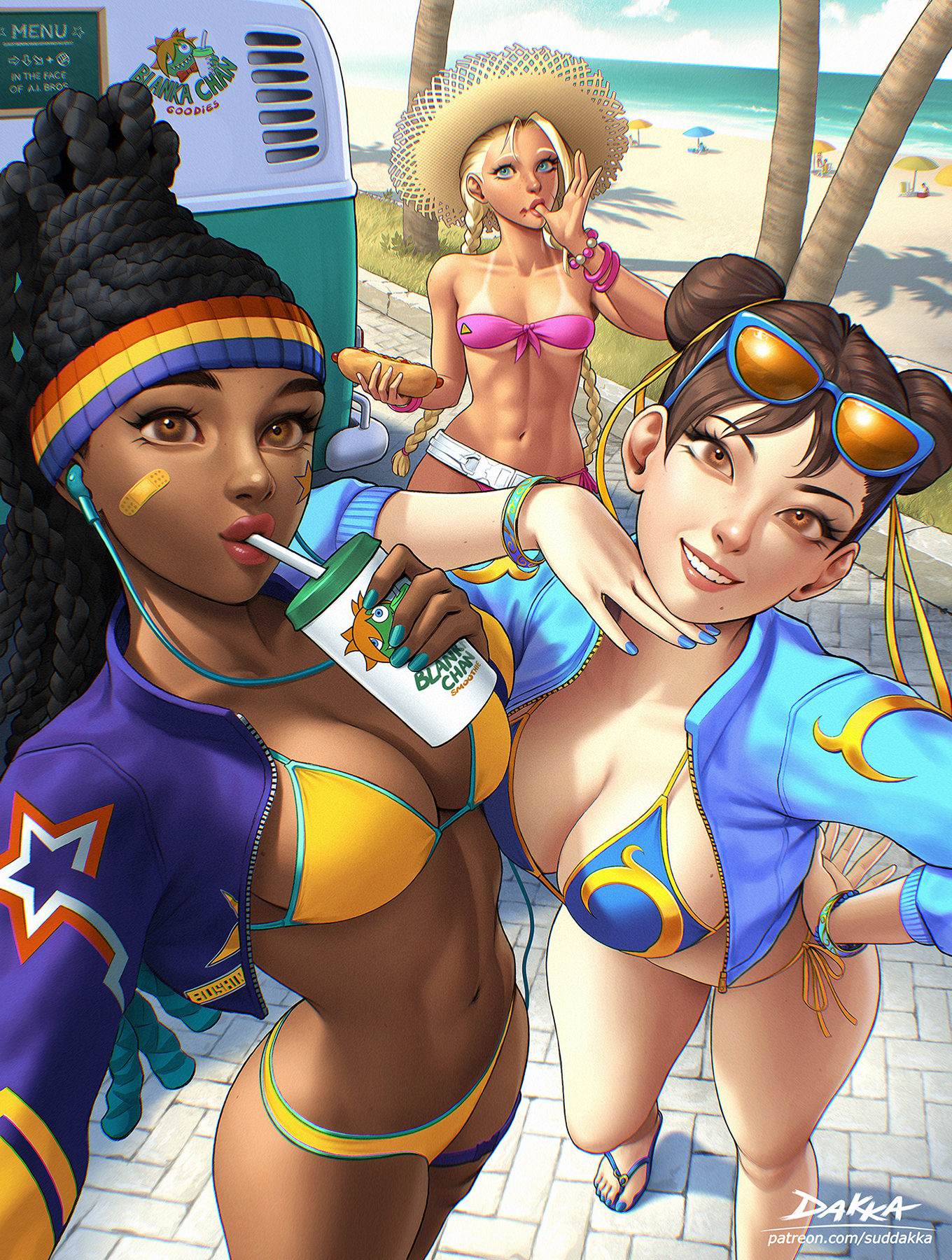 2d, 2d (artwork), 3girls, african american, american, american female, artist name, asian, asian female, beach, bikini, blanka-chan, bracelet, breasts, brown hair, cammy white, capcom, chun-li, cleavage, commentary, dark skin, dark-skinned female, double bun, dreadlocks, english commentary, european, european female, eyewear on head, female, female only, female torso, food, fully clothed, hair bun, highres, hot dog, human, human only, jewelry, kimberly jackson, mole, mole on breast, multiple girls, navel, pink bikini, questionable, selfie, street fighter, street fighter 6, suddakka, swimsuit, tan, tan skin, tanline, teeth, thumb sucking, wholesome