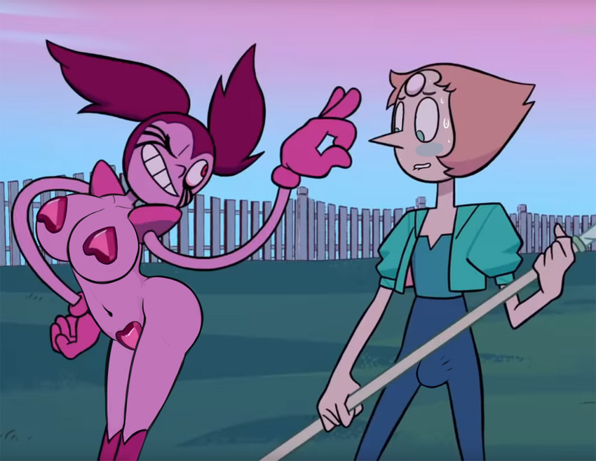 1futa, 1girls, accurate art style, biting lip, blush, bulge, cartoon network, edit, erection, female, futanari, gem (species), intersex, pearl (steven universe), screenshot, screenshot edit, shadman, spinel (steven universe), steven universe, steven universe: the movie, sweating