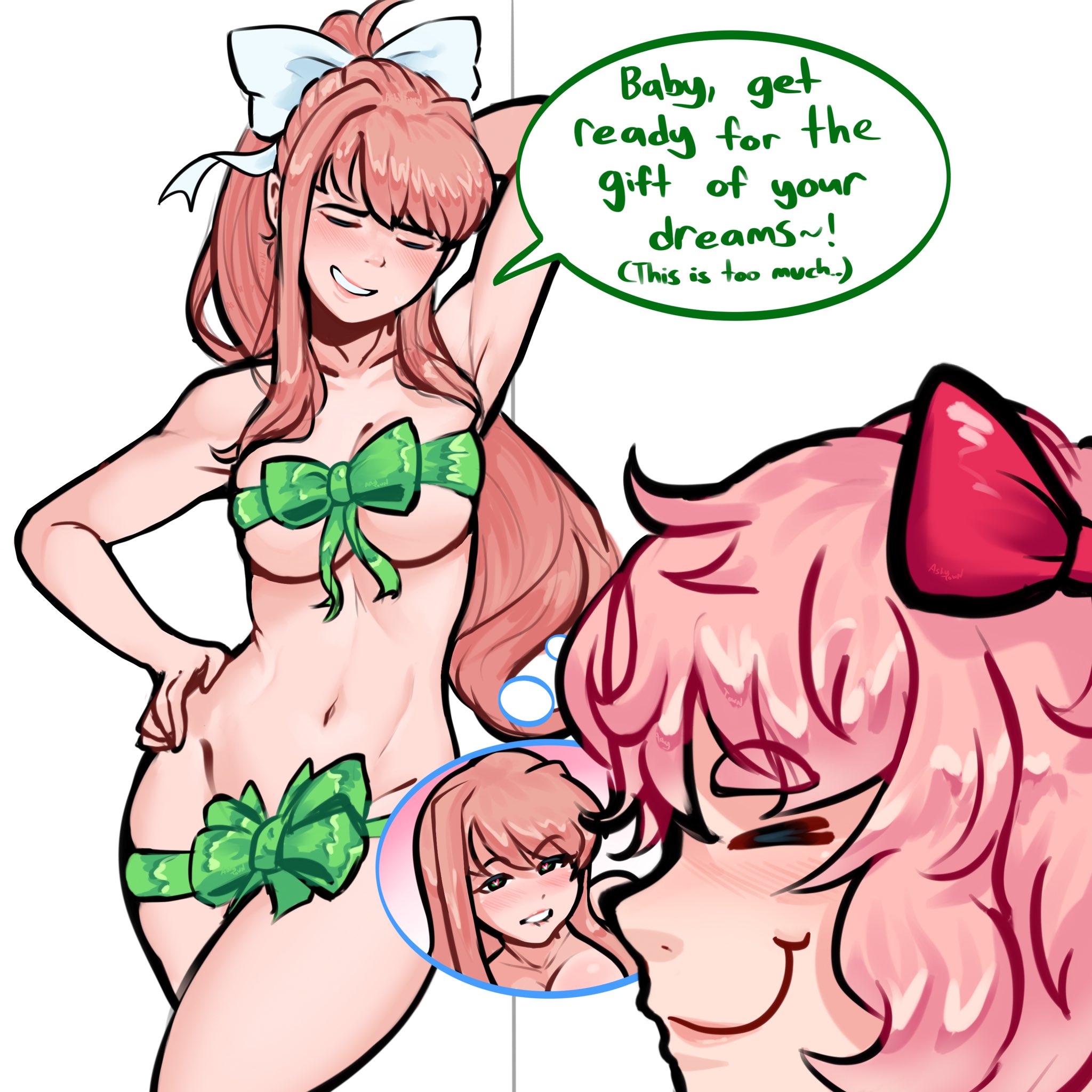 2girls, almost naked, almost nude, armpits, big breasts, big thighs, breasts, brown hair, closed eyes, doki doki literature club, english text, female, female focus, female only, gift, gift wrapped, girl, girls, girls only, highres, lesbian couple, monika (doki doki literature club), pink eyes, pink hair, red bow, sayori (doki doki literature club), sexy body, sexy clothing, sexy female, sexy pose, sexy woman, speech bubble, spicytown, thicc, thicc thighs, thighs, white ribbon, yuri