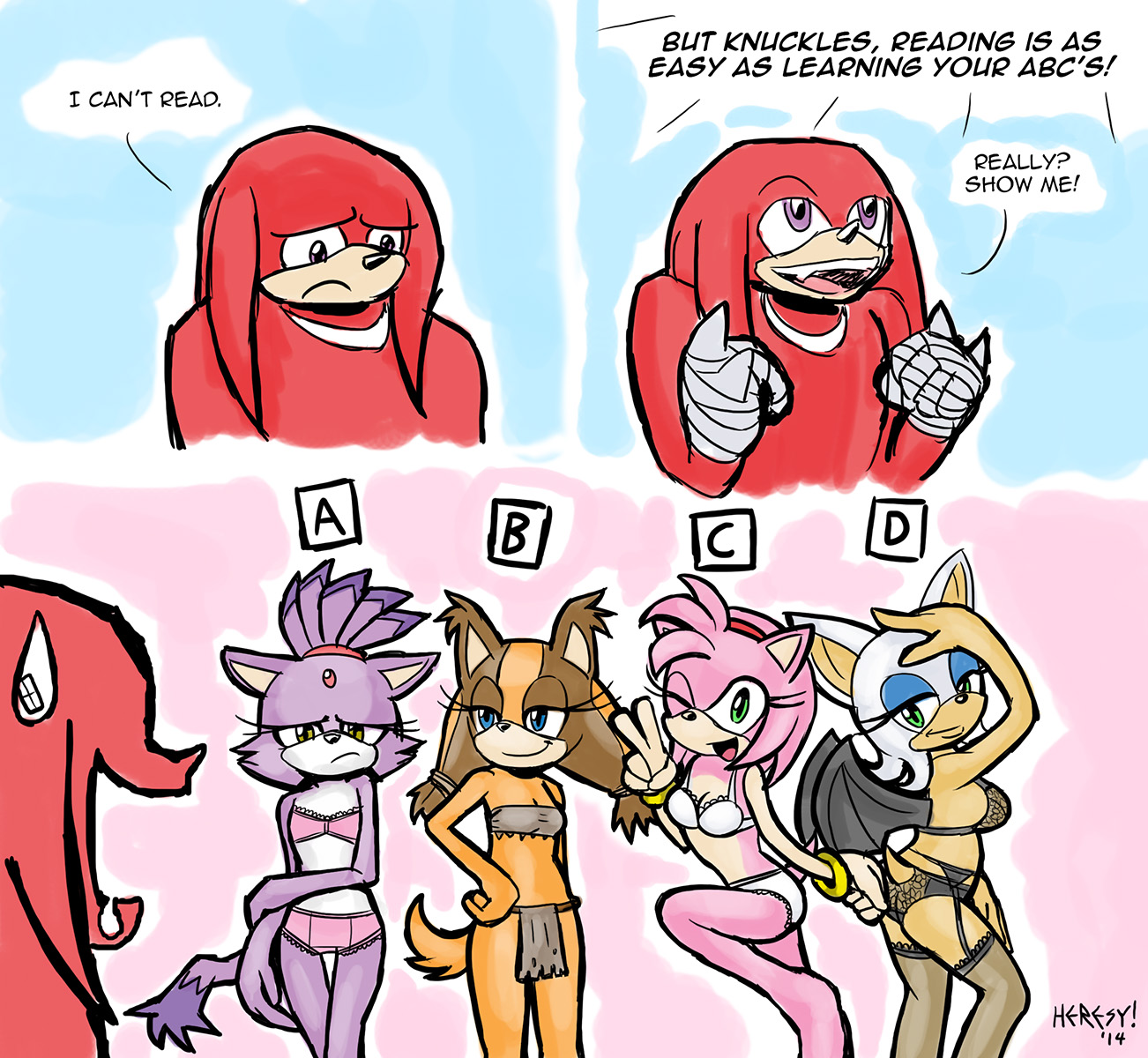 2014, amy rose, anthro, ass, badger, bat, blaze the cat, blue eyes, bodily fluids, breast size difference, breasts, brown eyes, brown fur, chiropteran, clothing, comic, domestic cat, drooling, echidna, english text, eulipotyphlan, felid, feline, felis, female, flat chested, forehead gem, frown, fur, garter belt, garter straps, gesture, green eyes, group, hedgehog, heresy (artist), hi res, knuckles (boom), knuckles the echidna, legwear, lineup, lingerie, loincloth, male, mammal, medium breasts, membrane (anatomy), membranous wings, monotreme, mustelid, musteline, one eye closed, orange fur, pink fur, purple fur, rouge the bat, sad, saliva, seductive, skimpy, smile, sonic (series), sonic boom, sticks the badger, sticks the jungle badger, sticks the tejon, stockings, sweat, sweatdrop, text, tribal, underwear, v sign, wings, wink