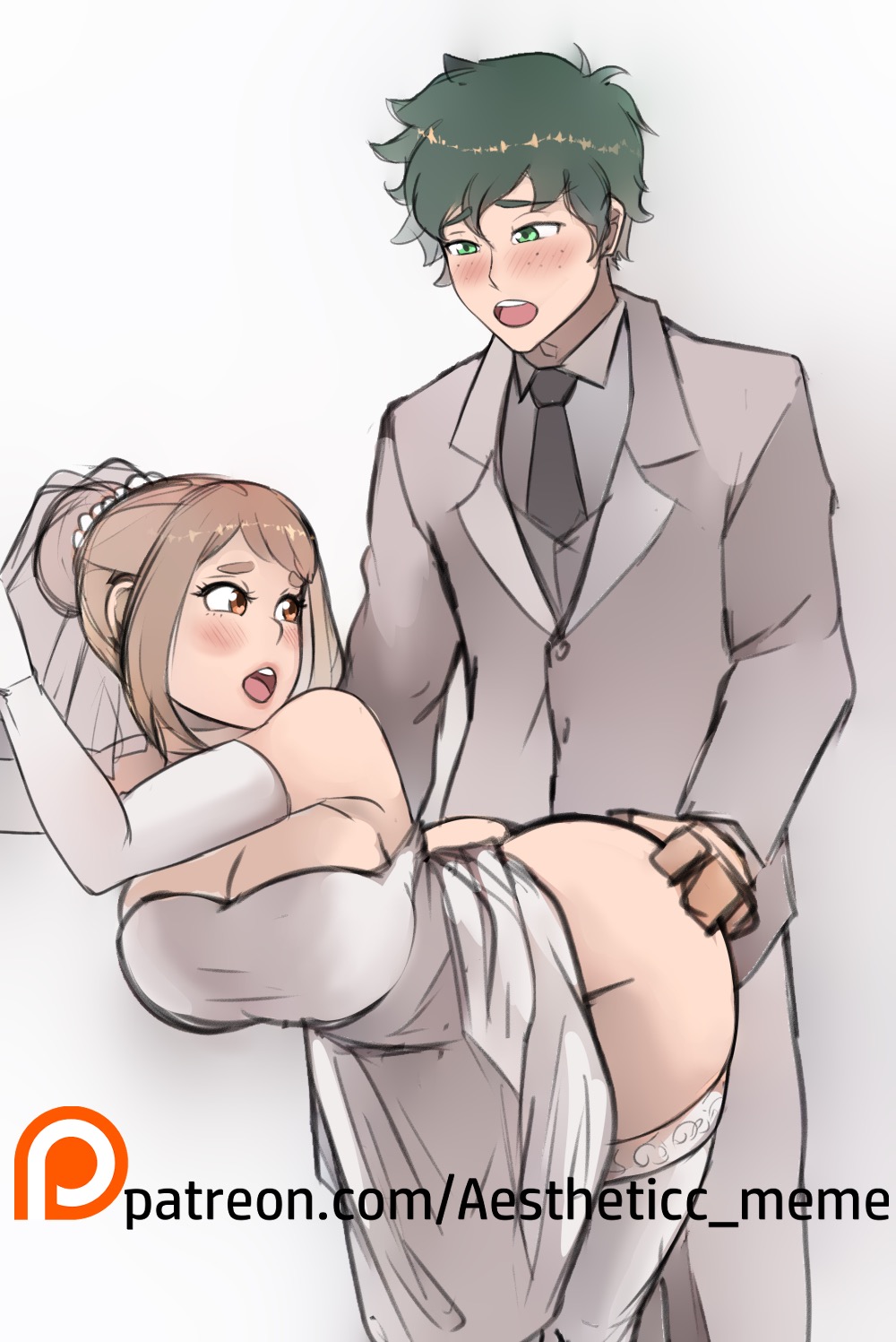 1boy, 1girls, aestheticc-meme, ass, ass grab, bent over, big breasts, blush, breasts, bride, brown eyes, brown hair, brown-haired female, canon couple, chubby female, cleavage, clothed sex, curvy, dress, duo, elbow gloves, female, gloves, green eyes, green hair, green-haired male, hand on ass, human, izuku midoriya, legwear, male, my hero academia, ochako uraraka, sex, shounen jump, sketch, straight, suit, thick, thighhighs, thighs, wedding dress, wedding veil, white gloves, white legwear, white thighhighs, wholesome