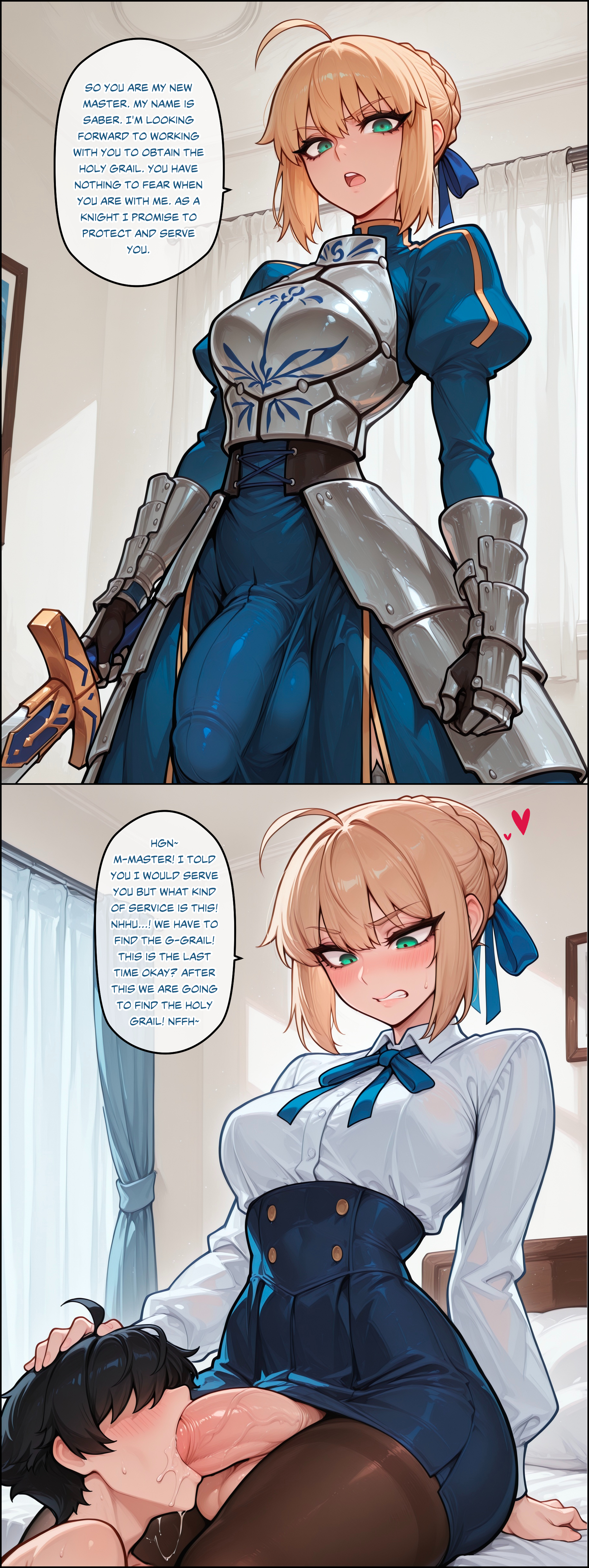 1boy, 1futa, 1futanari, 1male, ai generated, anal, anal insertion, anal penetration, anal sex, artoria pendragon, ass, big ass, big breasts, big butt, big hips, big penis, blonde, blonde hair, braid, braided hair, breasts, canon futa, cleavage, crown, crown braid, dick, dickgirl, eyebrows, eyelashes, fat cock, fate (series), fate/grand order, fate/stay night, fate/zero, femdom, futa on femboy, futa on male, futa only, futadom, futasub, green eyes, grin, grinning, grinning at viewer, hair, huge cock, imminent fellatio, imminent oral, indoors, lips, long hair, looking at viewer, makeup, medium breasts, medium hair, motion blur, motion lines, narrow waist, narrowed eyes, navel, nose, penis, pent up, saber, self insert, sex, smile, smirk, smooth balls, smooth penis, smooth skin, solo, solo dickgirl, solo focus, solo futa, solo futanari, speech, speech balloon, speech box, speech bubble, speech bubbles, testicles, text, text box, text bubble, thighs, throbbing penis, veiny, veiny penis, velfur, velfur (artist)