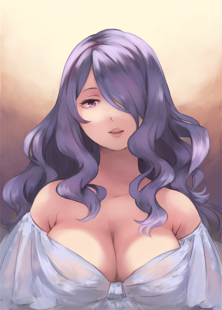 1girls ai-wa bare_shoulders breasts camilla_(fire_emblem) cleavage fire_emblem fire_emblem_fates hair_over_one_eye large_breasts long_hair parted_lips purple_eyes purple_hair solo upper_body