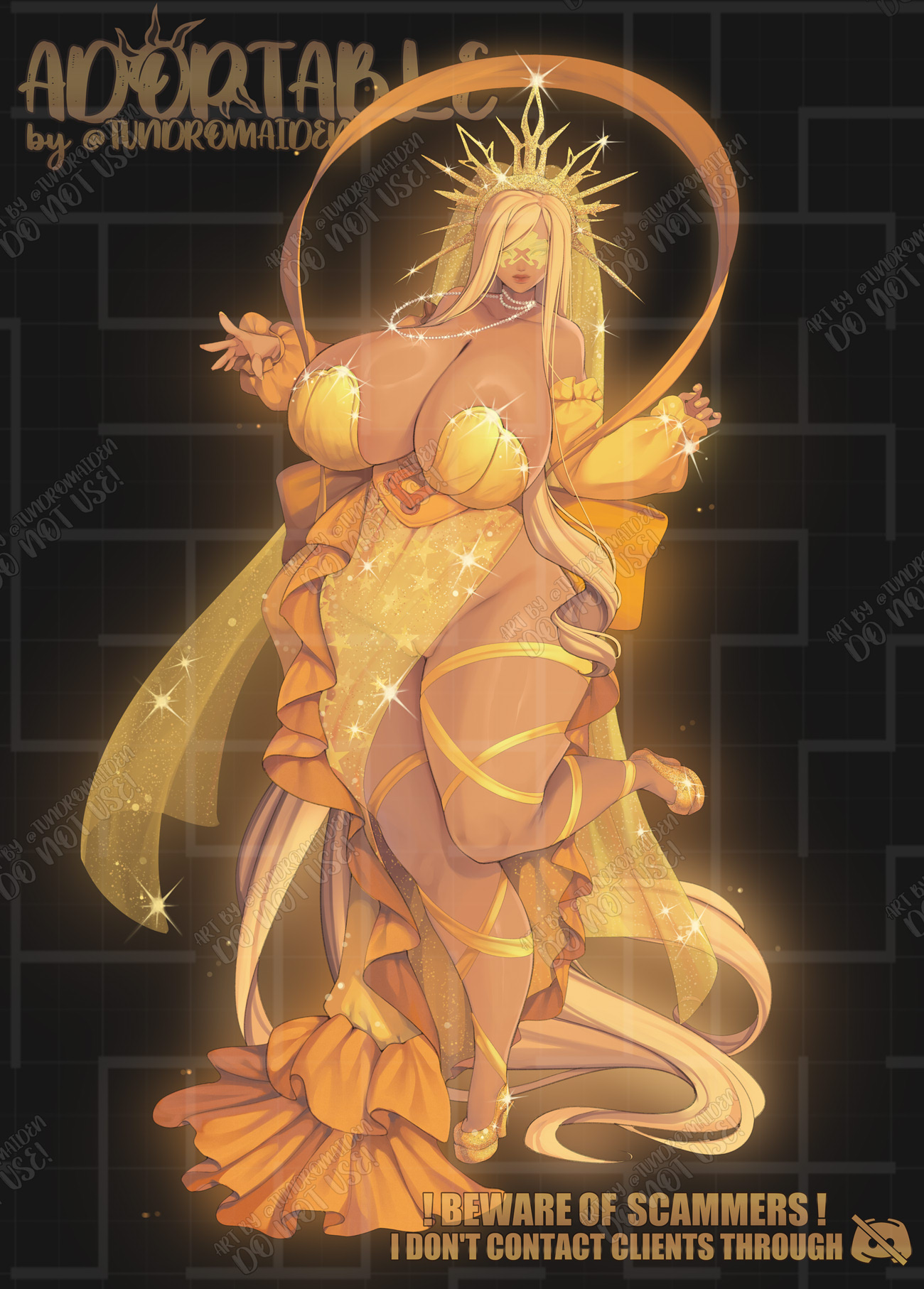 1girls, 2020s, 2026, 2d, 2d (artwork), 2d artwork, 5 fingers, adoptable, armwear, artist name, big breasts, big hips, big lips, big thighs, big titties, black background, blonde female, blonde hair, blonde-haired female, breasts, brown body, brown skin, cleavage, clothed, clothed female, clothes, crown, curvy, curvy body, curvy female, curvy figure, curvy hips, curvy thighs, digital drawing (artwork), digital media, digital media (artwork), eye mask, eyes open, feet, female, female focus, female only, fingernails, fingers, genitalia, genitals, girl, goddess, half naked, half nude, half-dressed, heels, high heels, hips, hourglass figure, hourglass figured female, humanoid, jewlery, lips, lipstick, long hair, long hair female, nails, neckwear, no bra, no panties, no underwear, non-human, nude, nude female, partially clothed, partially clothed female, partially nude, partially nude female, pearl necklace, pussy, revealing clothes, revealing clothing, revealing outfit, ribbons, sexually suggestive, shiny, shiny body, shiny breasts, shiny clothes, shiny skin, slightly chubby, slightly chubby female, sparkle, sparkles, suggestive, suggestive look, suggestive pose, tanned, tanned body, tanned female, tanned skin, thick hips, thick thighs, thighs, tundromaiden, vagina, wide hips, wide thighs, yellow eyes, yellow hair, yellow hair female
