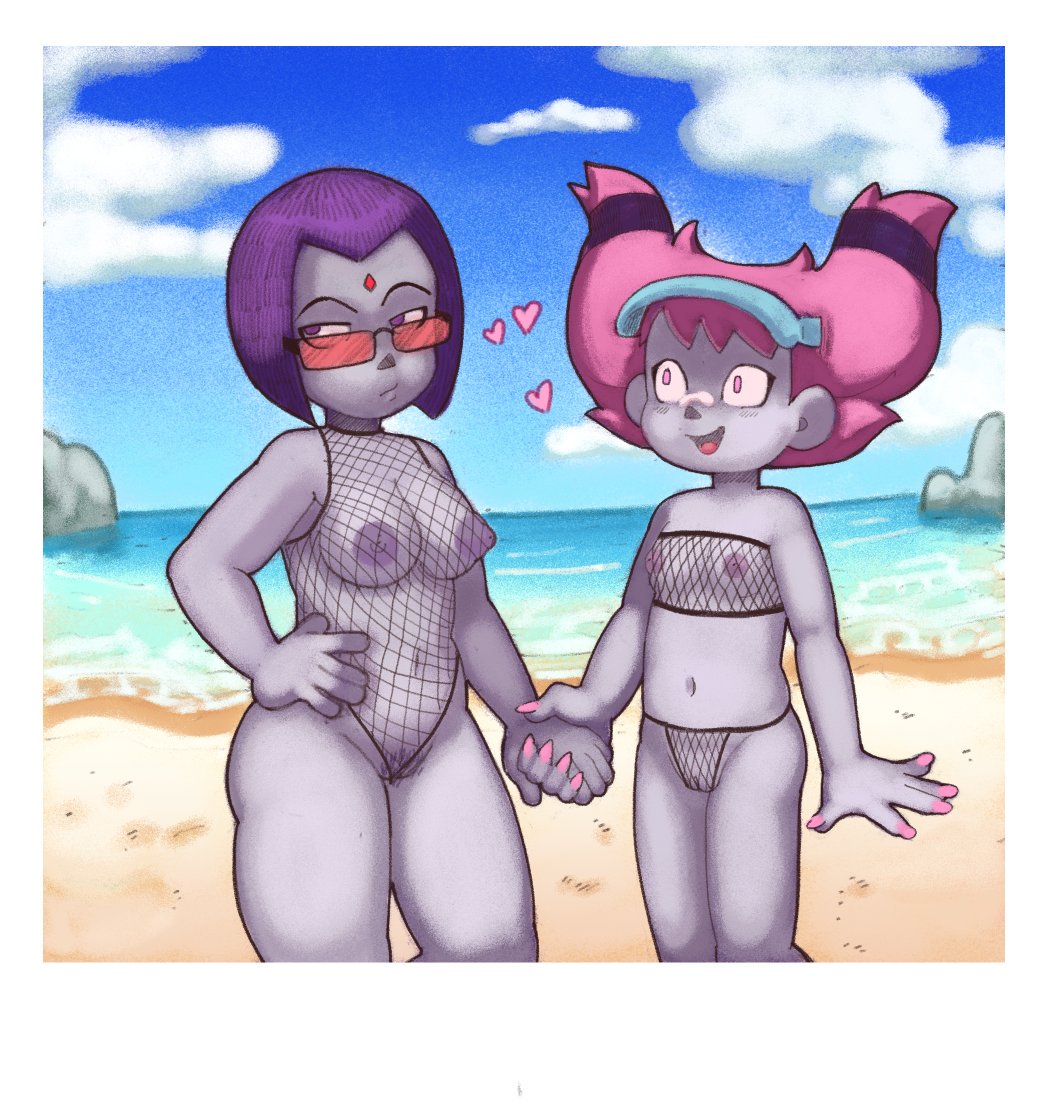 2girls, beach, bikini, breasts, dc, dc comics, dogmalord, female, female only, fishnets, grey skin, hearts, holding hands, jinx (dc), looking over eyewear, looking over glasses, mostly nude, multiple females, multiple girls, pink hair, pink nails, pubic hair, purple hair, pussy, rachel roth, raven (dc), red-tinted eyewear, small breasts, smooth skin, sunglasses, superhero, superheroine, teen titans, tinted eyewear