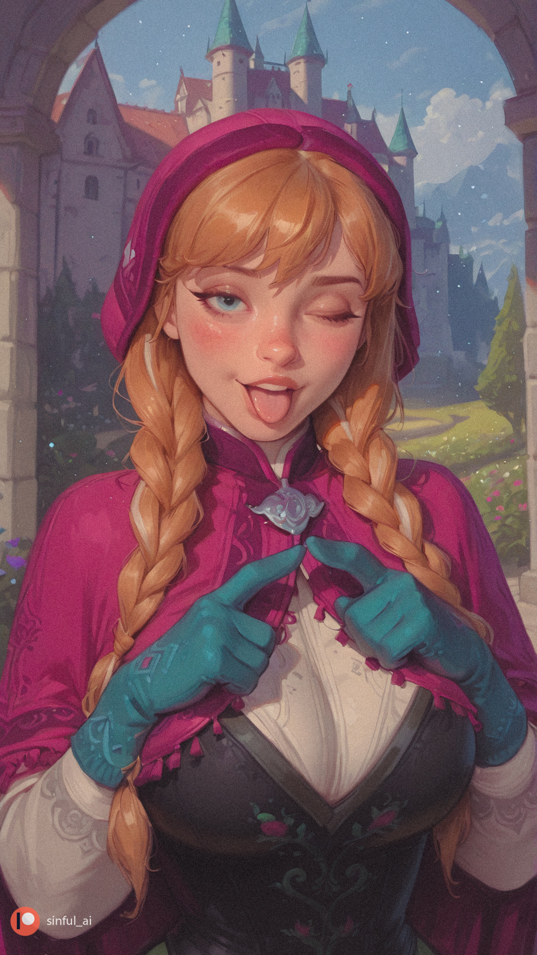;p, ai generated, aisinful, anna (frozen), ass, big ass, big breasts, big butt, blonde hair, blue eyes, blush, braid, breasts, building, castle, city, cloud, disney, drool, drooling, female, female only, frozen (film), full moon, gloves, hat, hi res, hood, large breasts, long hair, medium breasts, night, night sky, one eye closed, outdoors, saliva, shooting star, sky, skyscraper, solo, star (sky), starry sky, thick thighs, tongue, tongue out, tower, twin braids, wide hips