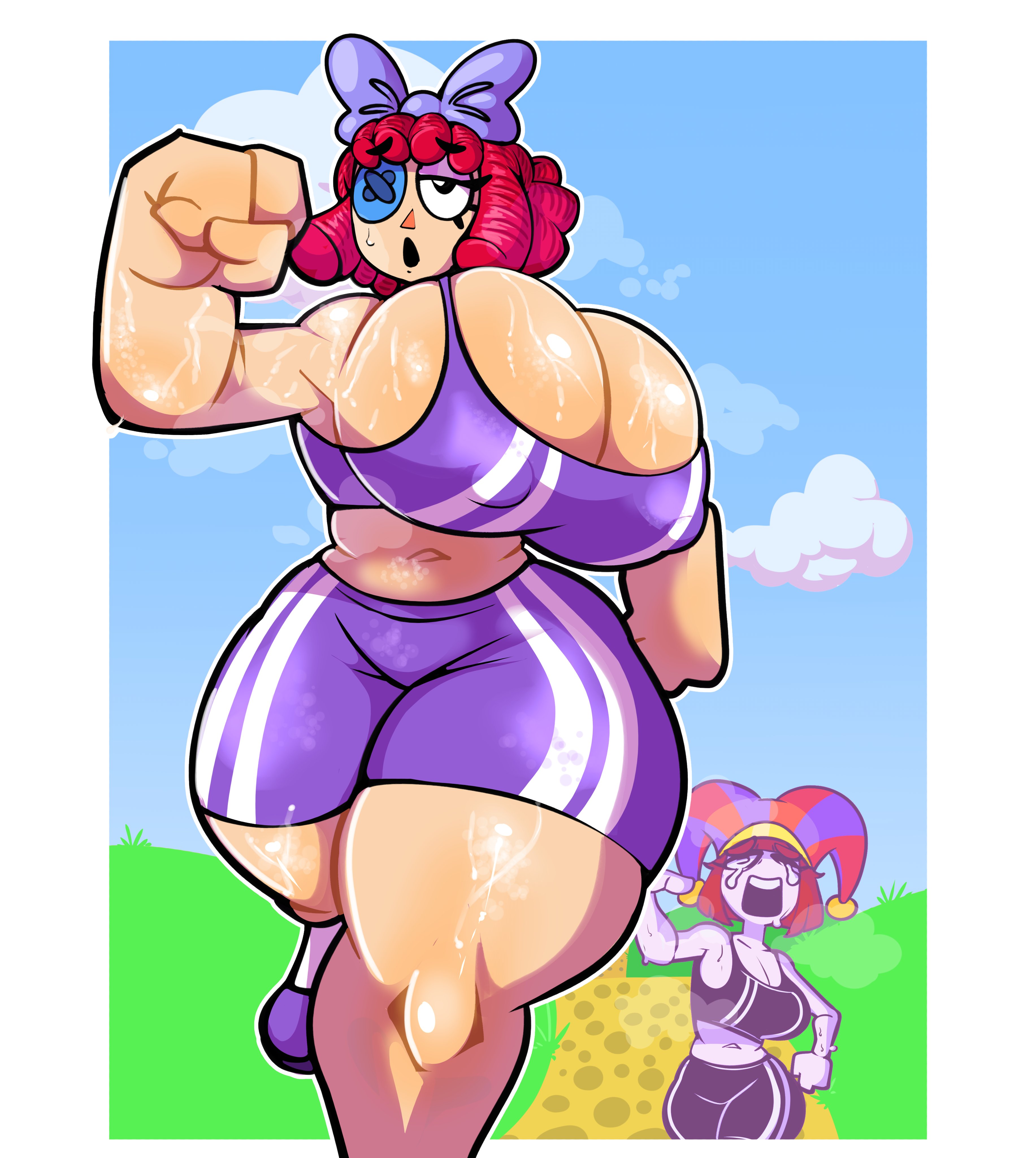 2025, 2girls, bow, brown hair, brown-haired female, button eye, captain dagon, crying, dagon789, doll girl, exercise, exercise clothing, glitch productions, gooseworx, huge breasts, jester, jester girl, jester hat, jogging, jogging shorts, muscular female, nipples visible through clothing, pomni, pomni (tadc), pomni (the amazing digital circus), ragatha, ragatha (tadc), ragatha (the amazing digital circus), ragdoll, red hair, red-haired female, sweat, tagme, the amazing digital circus, thick thighs, triangle nose, wide hips