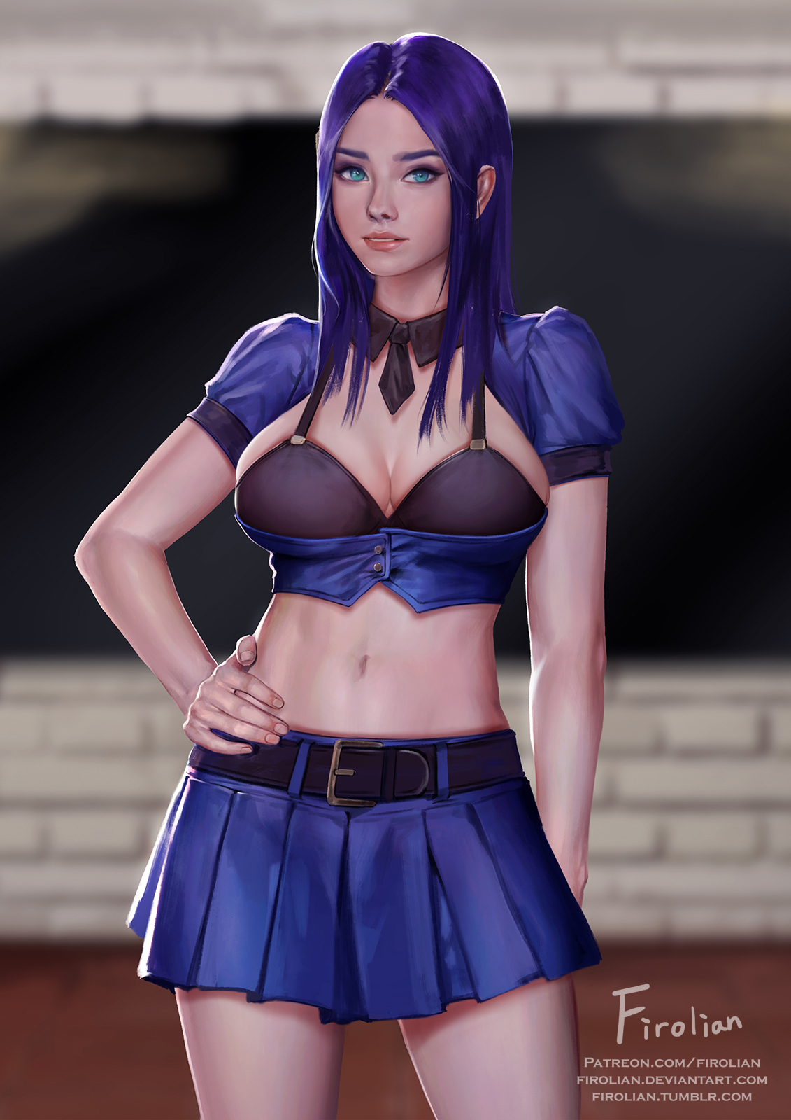 1girls, 2019, blue hair, bra, breasts, caitlyn kiramman, clothing, cops and robbers series, female, female only, firolian, hair, league of legends, long hair, officer, officer caitlyn, riot games, skirt, solo, video games
