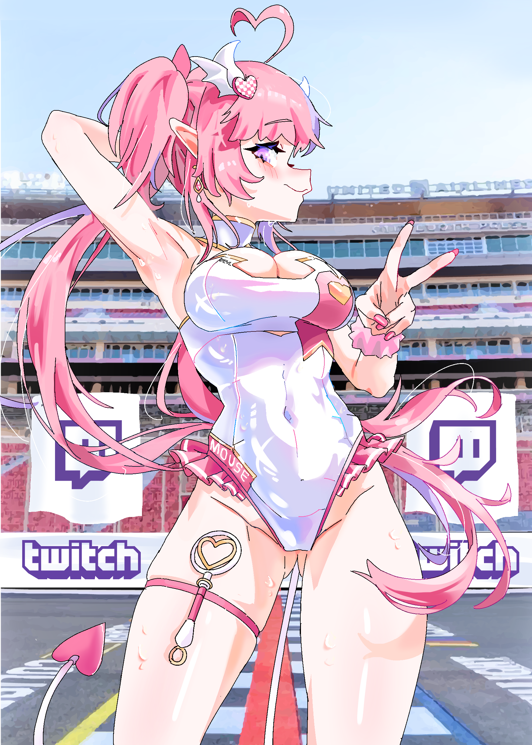 1girls, absurdres, ahoge, arm up, armpits, ass visible through thighs, blush, breasts, covered navel, demon girl, demon horns, demon tail, earrings, female, frilled leotard, frills, gold earrings, gurumie, hair ornament, heart, heart ahoge, heart hair ornament, highres, horns, indie virtual youtuber, ironmouse, ironmouse (race queen), ironmouse (racing princess), jewelry, large breasts, latina, leotard, long hair, looking at viewer, multicolored hair, nail polish, pink hair, pink nails, pointy ears, purple eyes, purple hair, single earring, streaked hair, sweat, tail, thick thighs, thigh strap, thighs, twintails, v, virtual youtuber, vtuber, white leotard
