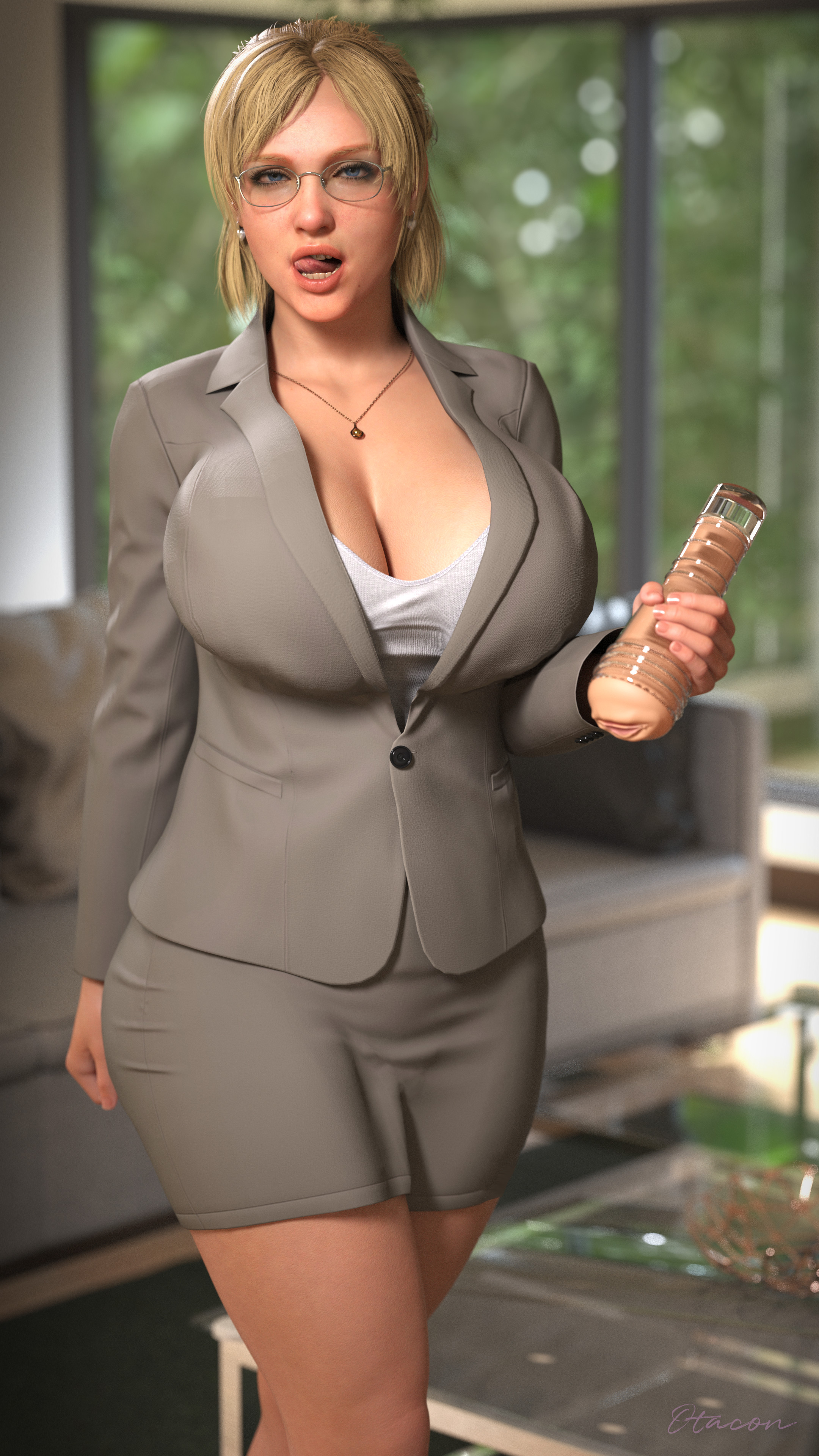 1girls, 3d, blonde hair, blue eyes, breasts, cleavage, dead rising, dead rising (series), female, female only, fleshlight, glasses, huge breasts, jessica mccarney, licking lips, light skin, light-skinned female, office lady, otacon212, solo, solo female, tongue