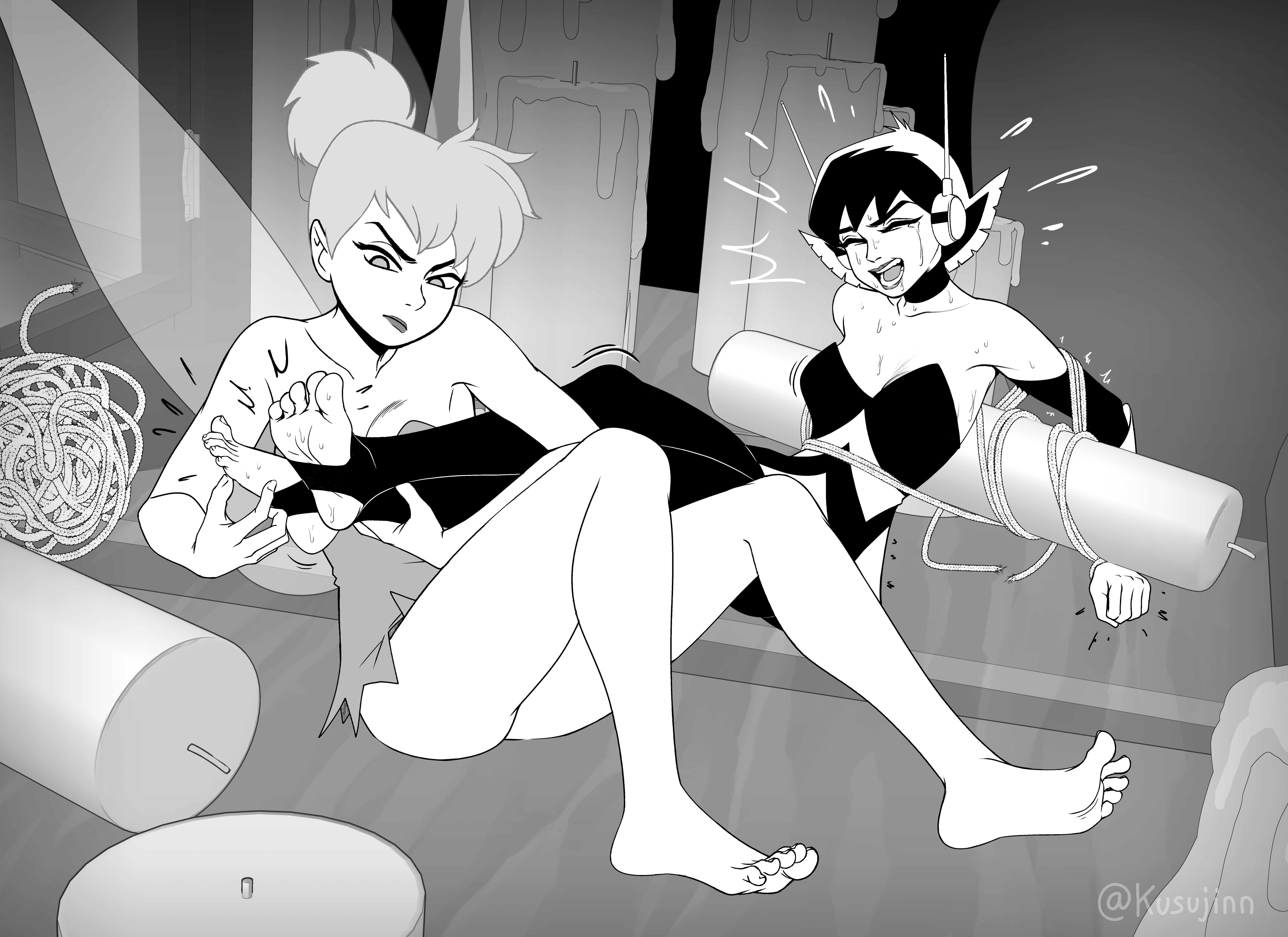 2girls, annoyed expression, armpits, avengers, barefoot, blonde female, blonde hair, crossover, disney, disney fairies, fae, faerie, fairy, fairy wings, feet, feet fetish, fey, foot fetish, insect wings, janet van dyne, kidetic, kusujinn, laughing, marvel, marvel comics, minigirl, pixie, pixie wings, soles, stirrup legwear, stirrups, sweaty, sweaty feet, the avengers: earth's mightiest heroes, tickle torture, tickling, tickling feet, tinker bell, toes, wasp (earth's mightiest heroes), wasp (marvel)
