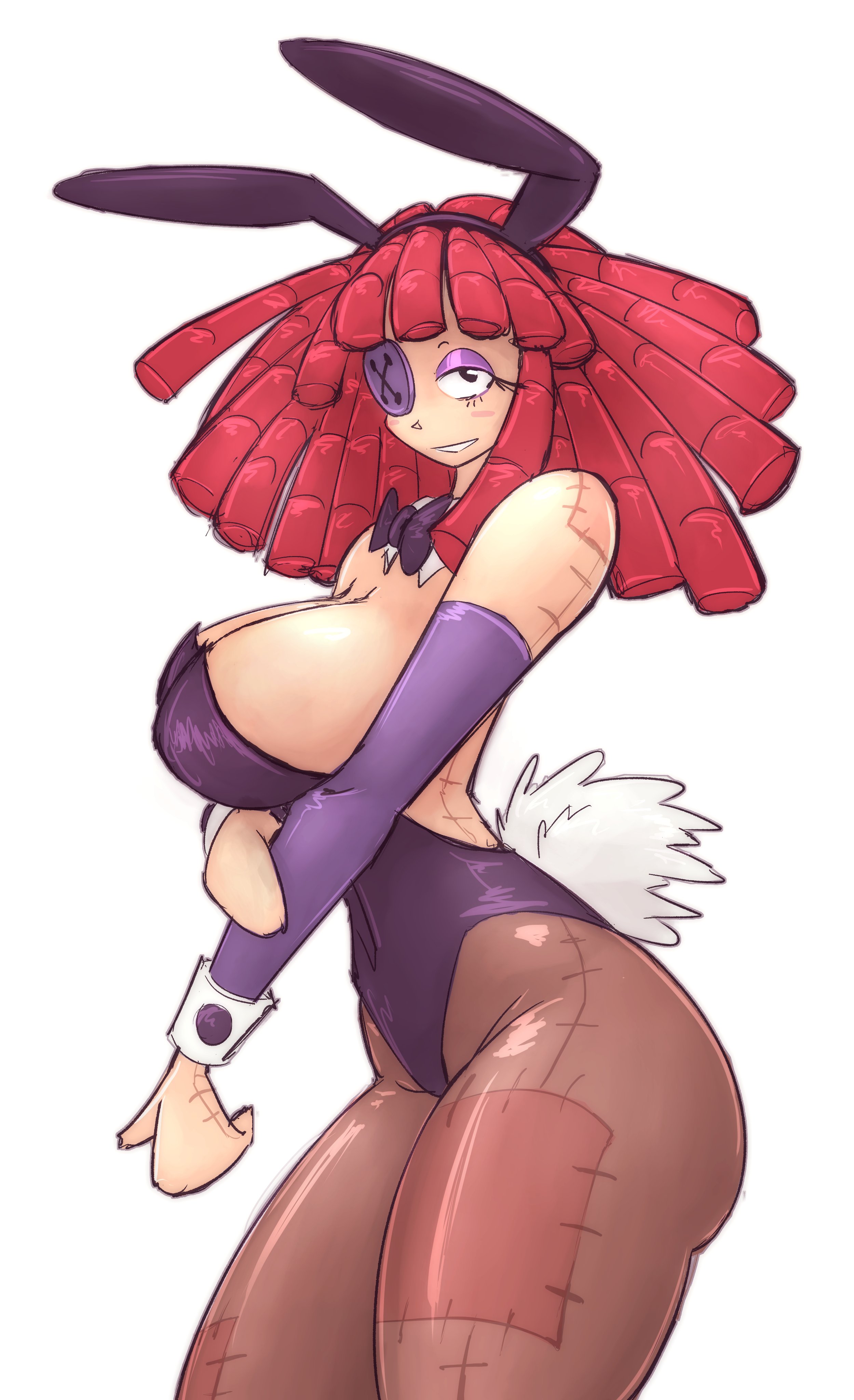 1girls, animal ears, big breasts, bow, bowtie, breasts, bunny ears, bunny girl, bunny tail, bunnysuit, detached collar, doll, fake animal ears, female, female only, glitch productions, gooseworx, large breasts, leotard, long hair, looking at viewer, mokkoyu, pantyhose, purple eyes, ragatha, ragatha (tadc), ragatha (the amazing digital circus), red hair, solo, tail, the amazing digital circus, thick thighs, thighs, wrist cuffs