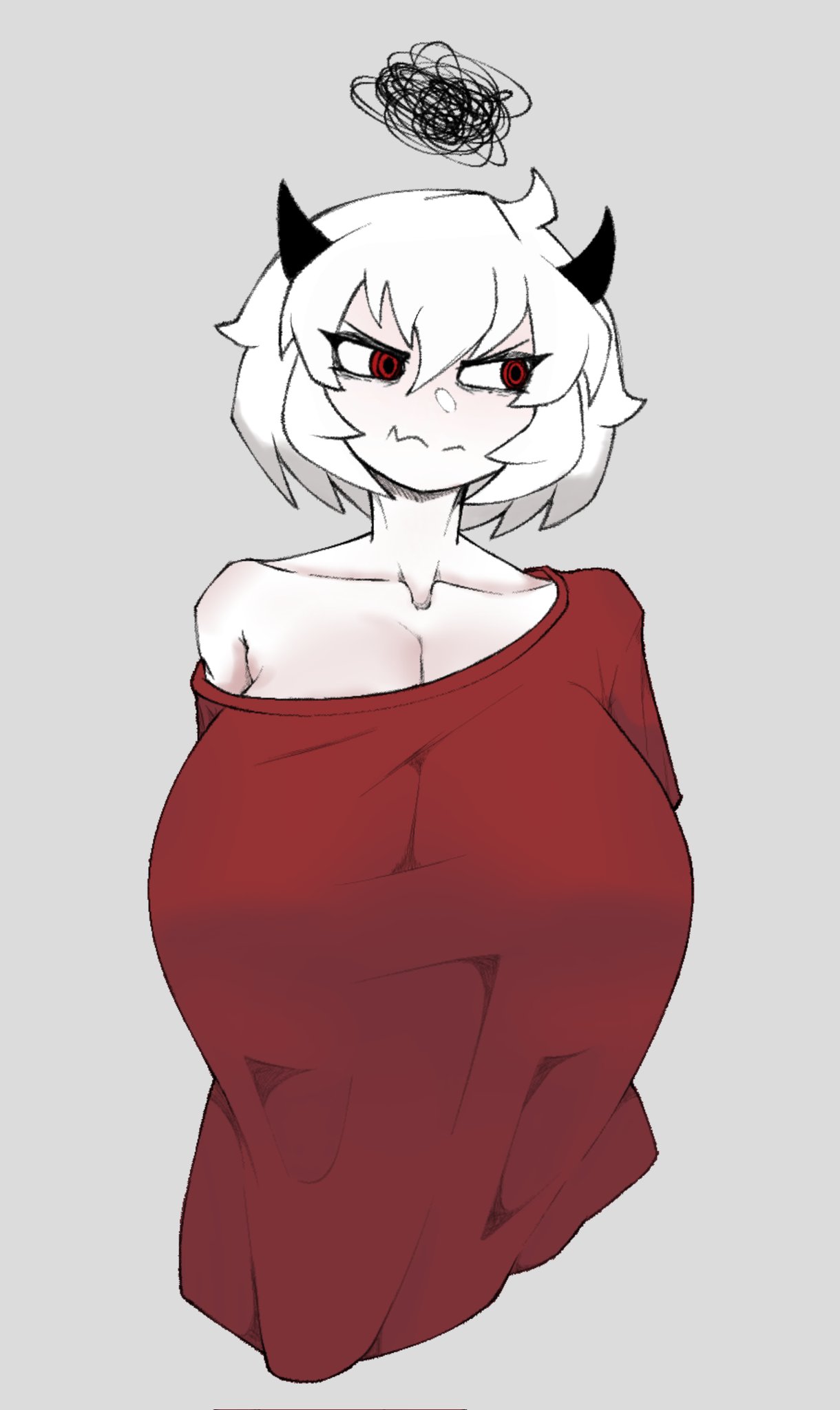 1girls, arms behind back, black horns, breasts, cleavage, closed mouth, collarbone, cropped torso, demon, demon girl, demon horns, gigantic breasts, glasscrow, grey background, helltaker, horns, looking to the side, malina (helltaker), off-shoulder shirt, red eyes, red shirt, shirt, simple background, solo, squiggle, wavy mouth, white hair