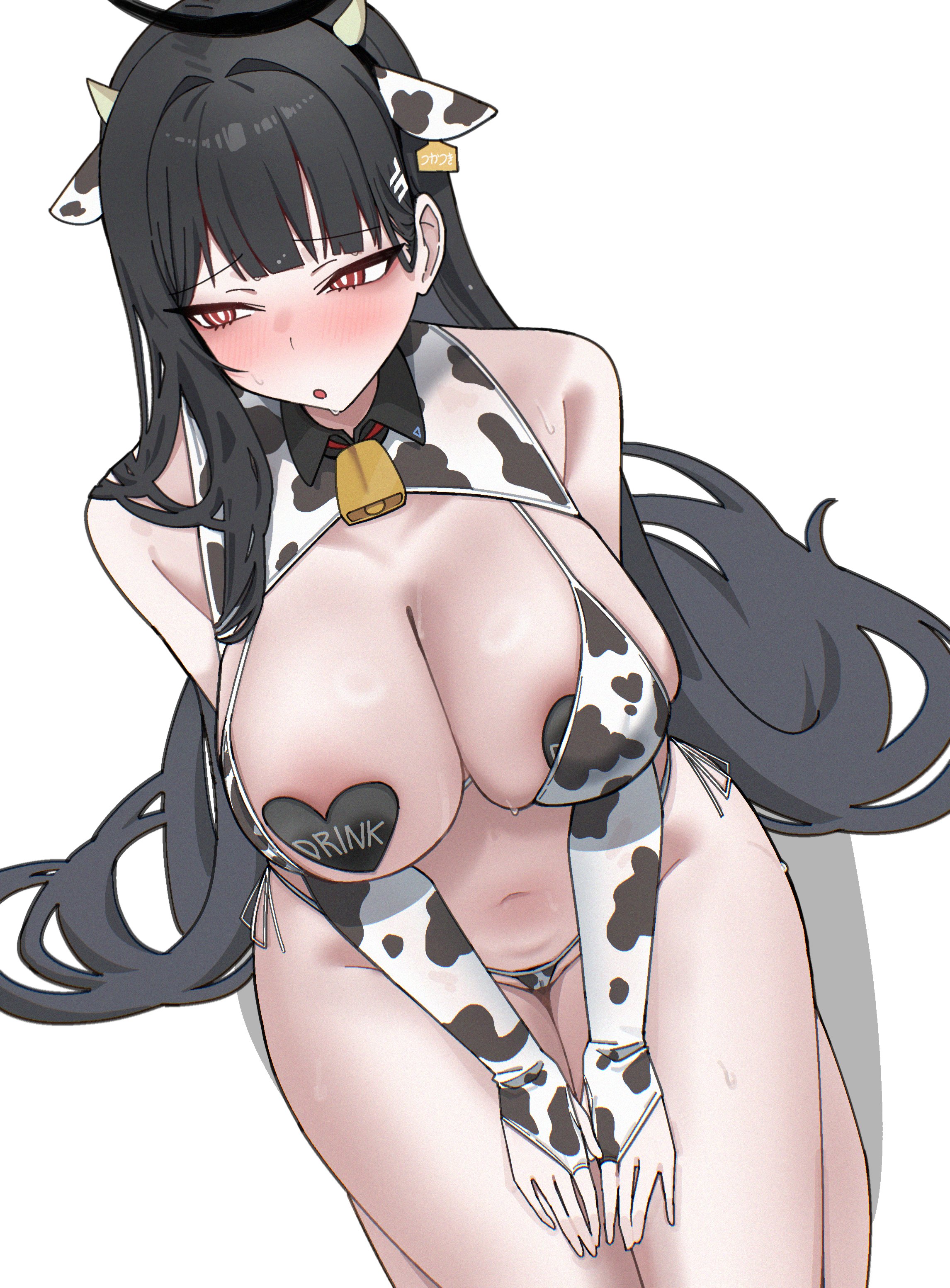 :o, 1girls, absurdres, alternate costume, animal ears, animal print, areola slip, averting eyes, bell, bikini, bikini top aside, black hair, black halo, blue archive, blunt bangs, blush, breasts, bridal gauntlets, bright pupils, cow ears, cow horns, cow print, cow print bikini, cow print gloves, cowbell, embarrassed, fake animal ears, fake horns, feet out of frame, from above, gloves, hair ornament, hairclip, halo, hands on lap, heart pasties, highres, horns, i3eancurd, large breasts, long hair, millennium science school logo, navel, neck bell, one breast out, parted lips, pasties, pasties under clothes, print bikini, print gloves, red eyes, ringed eyes, rio (blue archive), seiza, side-tie bikini bottom, simple background, sitting, solo, sweat, swimsuit, white background, white pupils, wing collar
