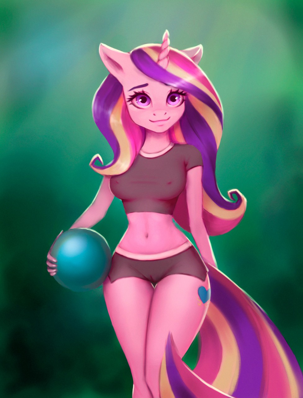 2019 anthro anthrofied breasts cameltoe cutie_mark equid female friendship_is_magic furry highres holding_object horn ketlimur looking_at_viewer mammal multicolored_hair my_little_pony navel nipple_outline nipples princess_cadance_(mlp) purple_eyes pussy simple_background skimpy smile tight_clothing unicorn wide_hips