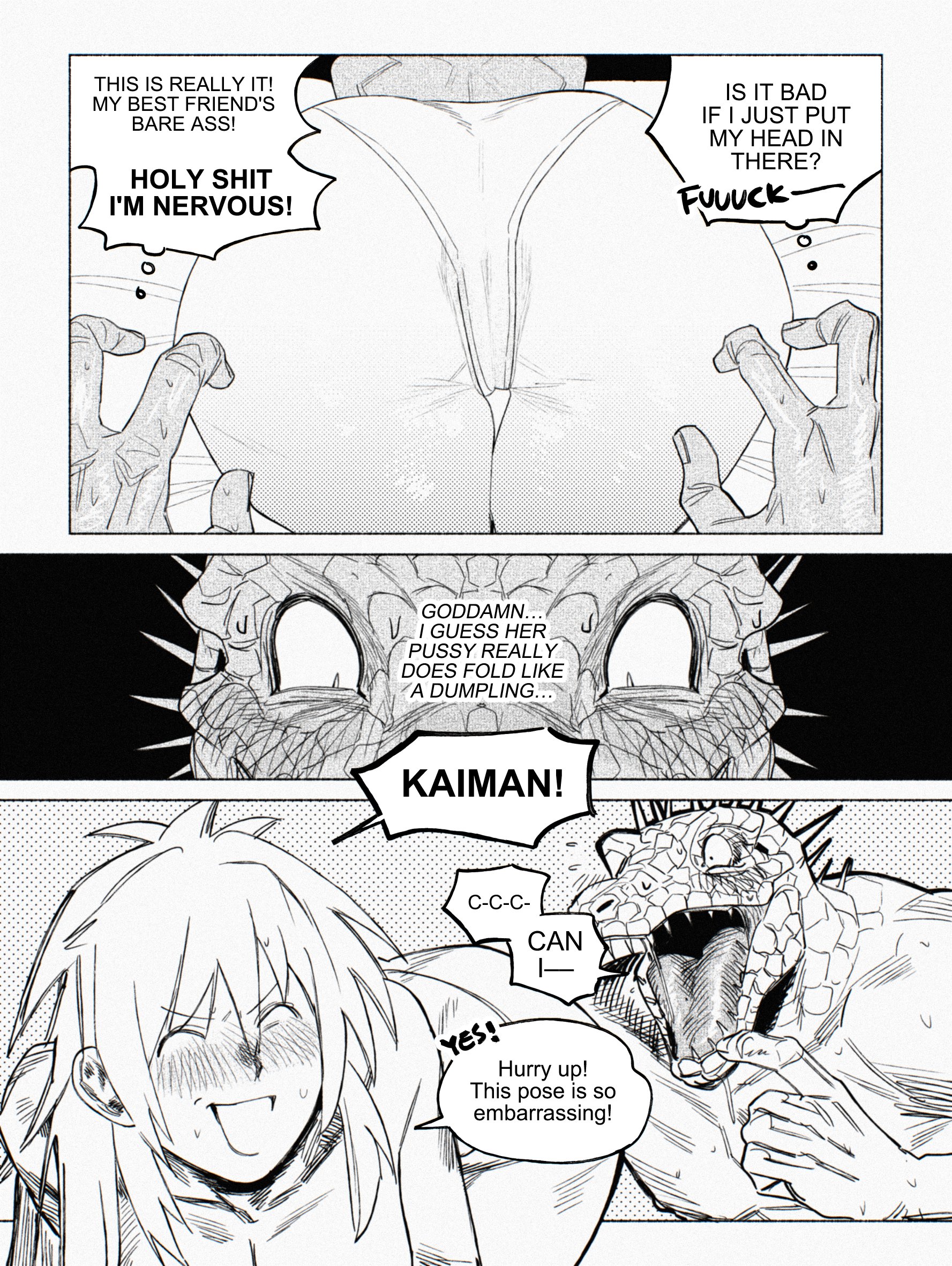 1boy1girl, 1girls, ass, ass bigger than head, big ass, bubble ass, bubble butt, caiman (dorohedoro), comic, comic strip, dorohedoro, face down ass up, fat ass, francishsie, huge ass, huge butt, huge thighs, imminent sex, lizard, lizardman, manga, manga style, massive thighs, monster boy, monsterfucker, nikaidou (dorohedoro), panties, panties only, presenting, presenting ass, presenting butt, presenting hindquarters, presenting pussy, shocked, shocked expression, teratophilia, thick ass, thick legs, thick thighs, thigh gap, thunder thighs, thunderthighs, wide hips, wide thighs