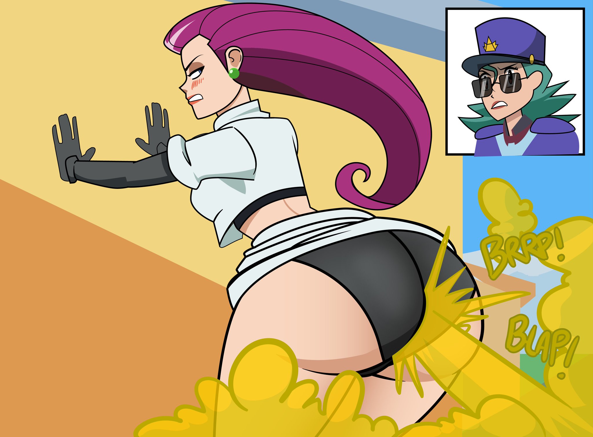 big ass, fart, fart fetish, farting in face, jessie (pokemon), lipstick, lolotron, officer jenny (pokemon), pink hair, pokemon, pokemon rgby, upskirt, yuri