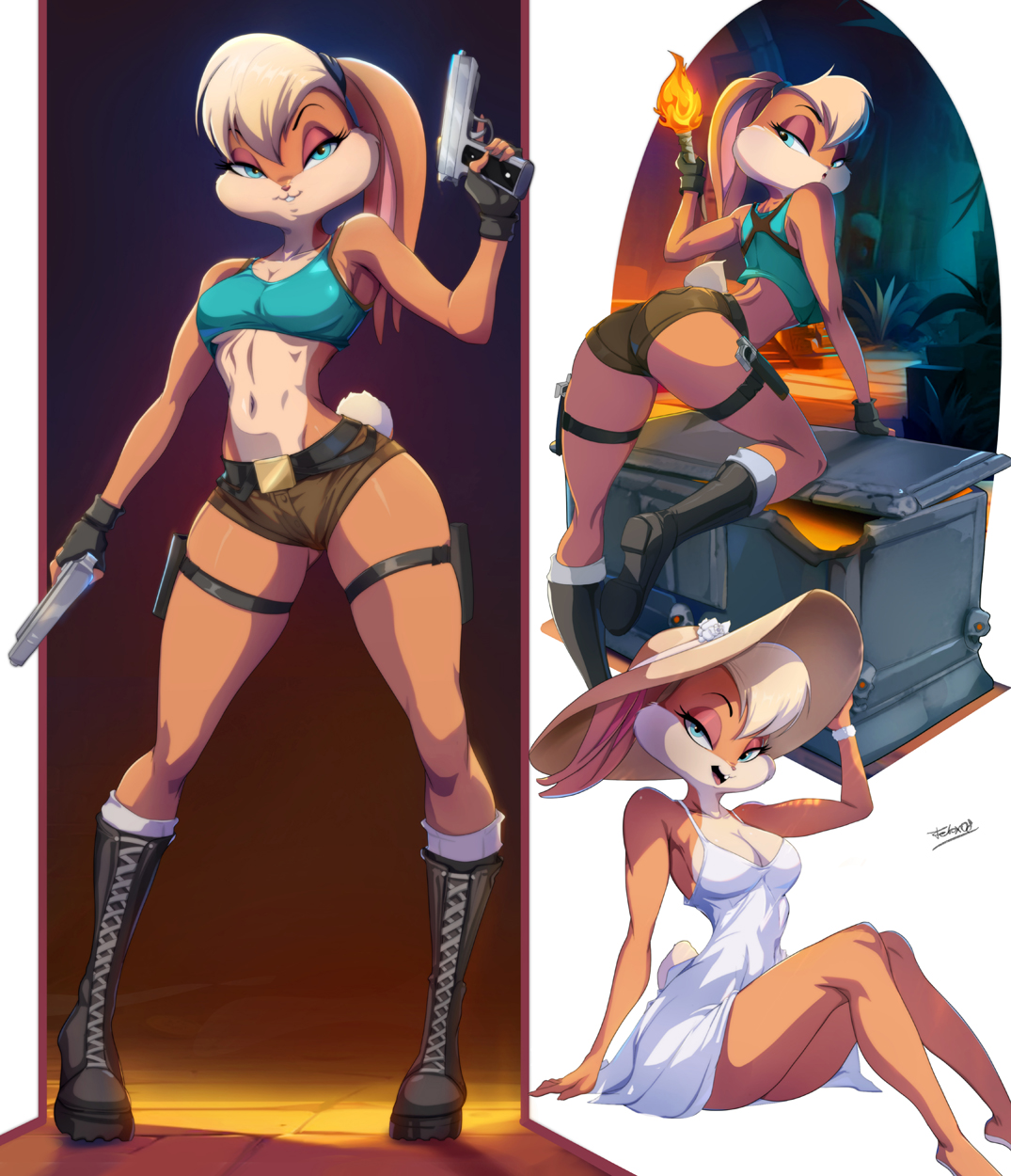 2d, anthro, athletic, athletic female, busty, cosplay, crossover, felox08, female, female focus, female only, fur, furry, hourglass figure, lara croft (cosplay), lola bunny, looney tunes, pinup, pinup pose, rabbit, rabbit ears, rabbit girl, rabbit tail, tagme, tomb raider, wide hips