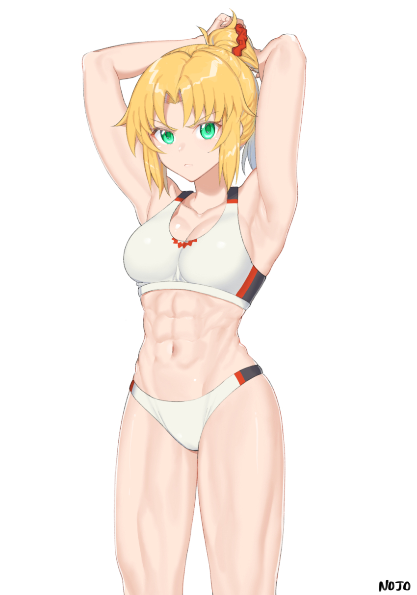 abs, artist request, blonde hair, fate (series), female, green eyes, mordred (fate), muscular, muscular female, solo, solo female, sports bra, white background
