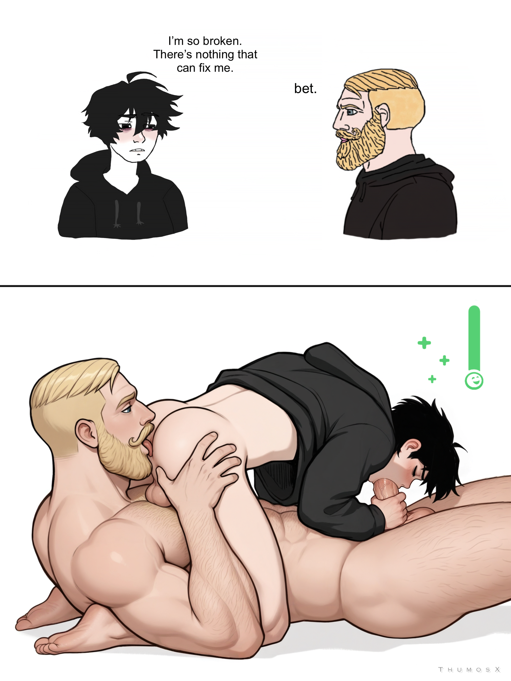 2boys, 2d, 69, 69 position, age difference, ai assisted, ai generated, anilingus, bara, beard, black hair, black hoodie, blonde har, body hair, comic, couple, doomer boy, duo, facial hair, fellatio, gay, hairy, human, male, male focus, male only, male pubic hair, meme, muscular, muscular male, nordic chad, penis, size difference, thumosx, twink, veiny penis, white background, wojak comics, yaoi, yes chad (meme)