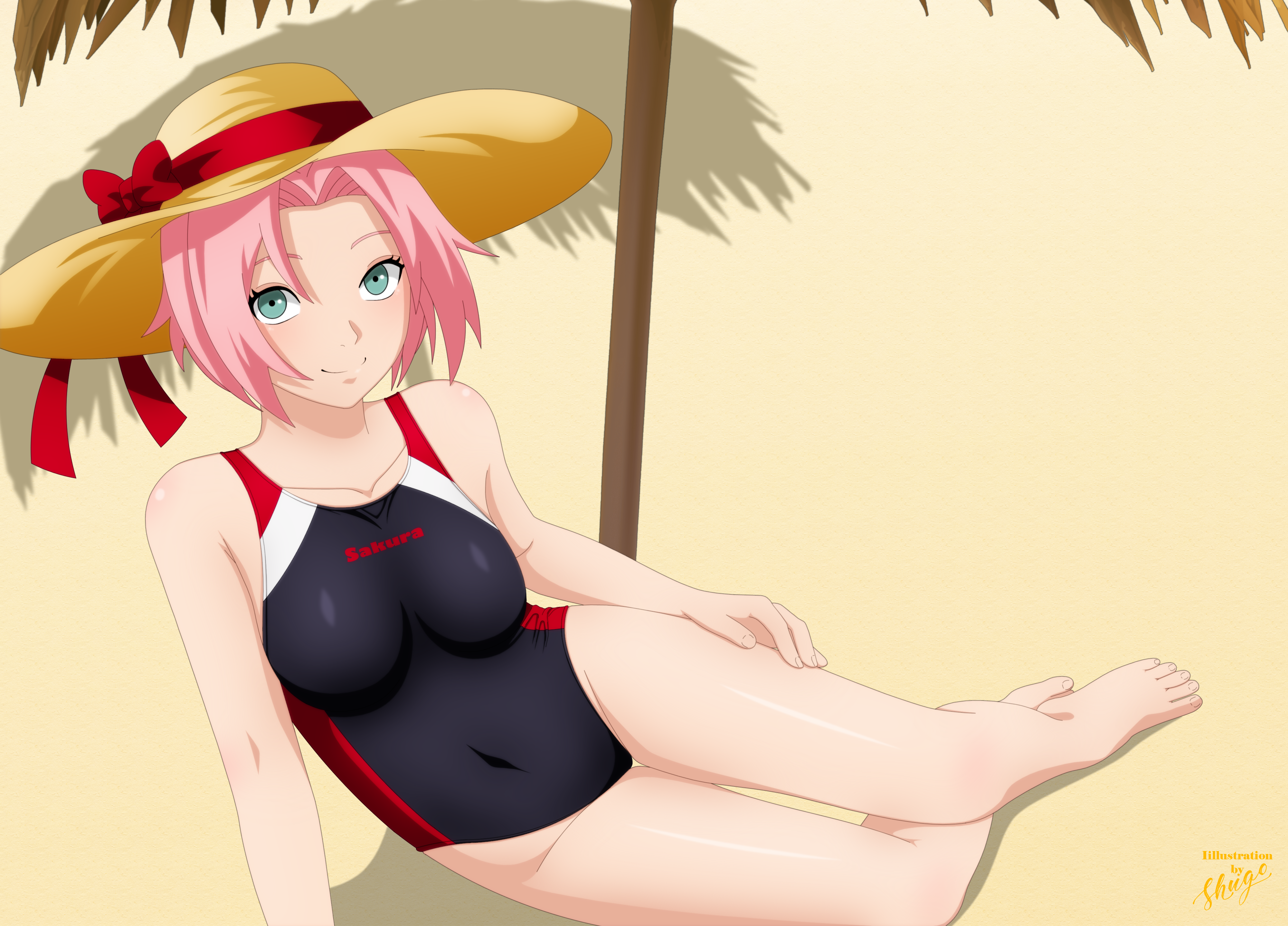 1girls, barefoot, beach, black swimsuit, breasts, feet, female, female only, green eyes, hand on thigh, hat, legs, legs together, naruto, naruto (series), naruto shippuden, one-piece swimsuit, outdoors, outside, pink hair, sakura haruno, shugo19, sitting, small breasts, solo, solo focus, swimsuit, thighs, toes, voluptuous